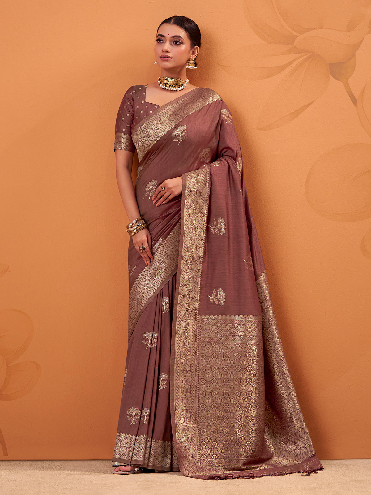 Pastel brown tusser silk saree with zari accents