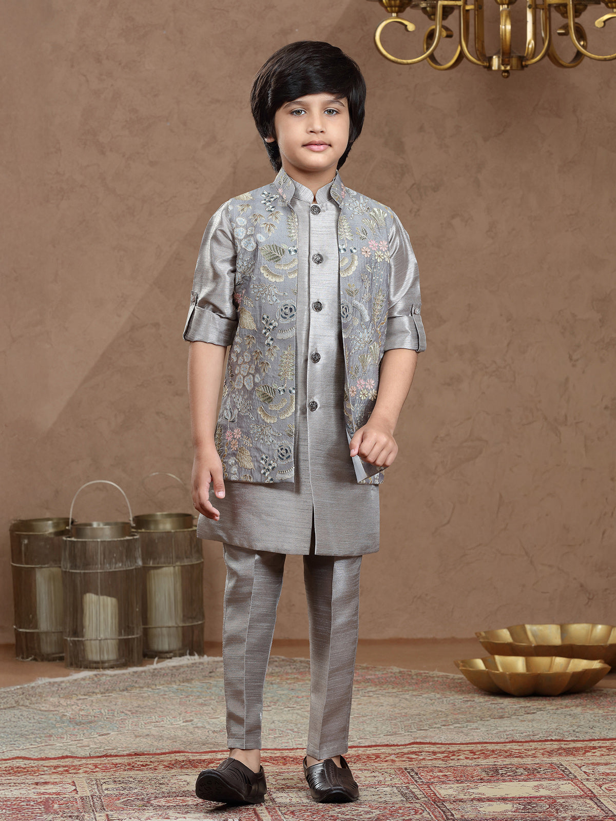 Pastel grey silk jacket style waistcoat set with resham work
