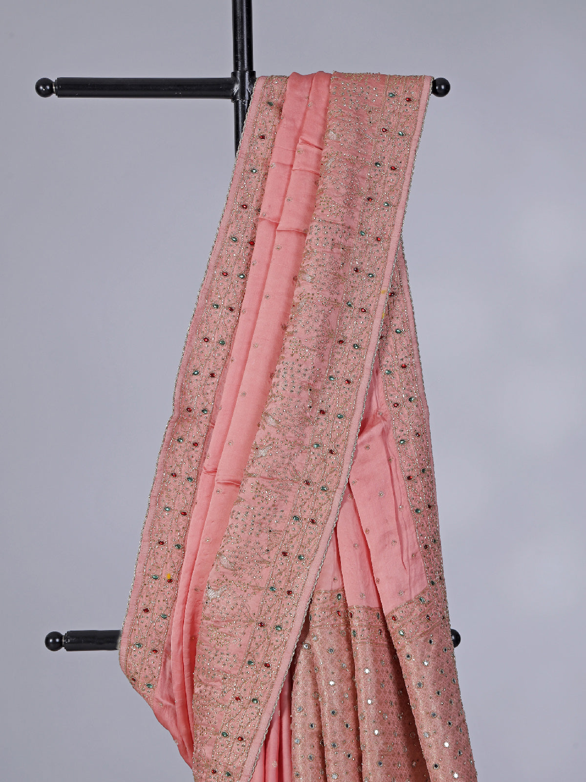 Peach art silk saree with zardosi and stone work