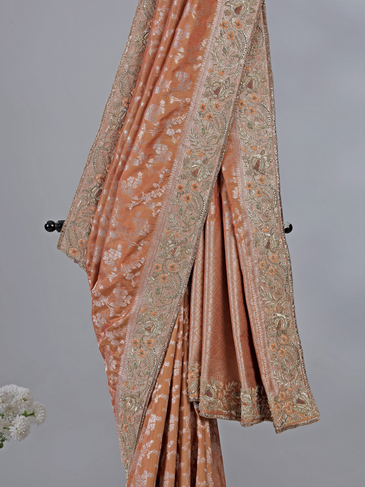Peach banarasi silk saree with unstitched blouse