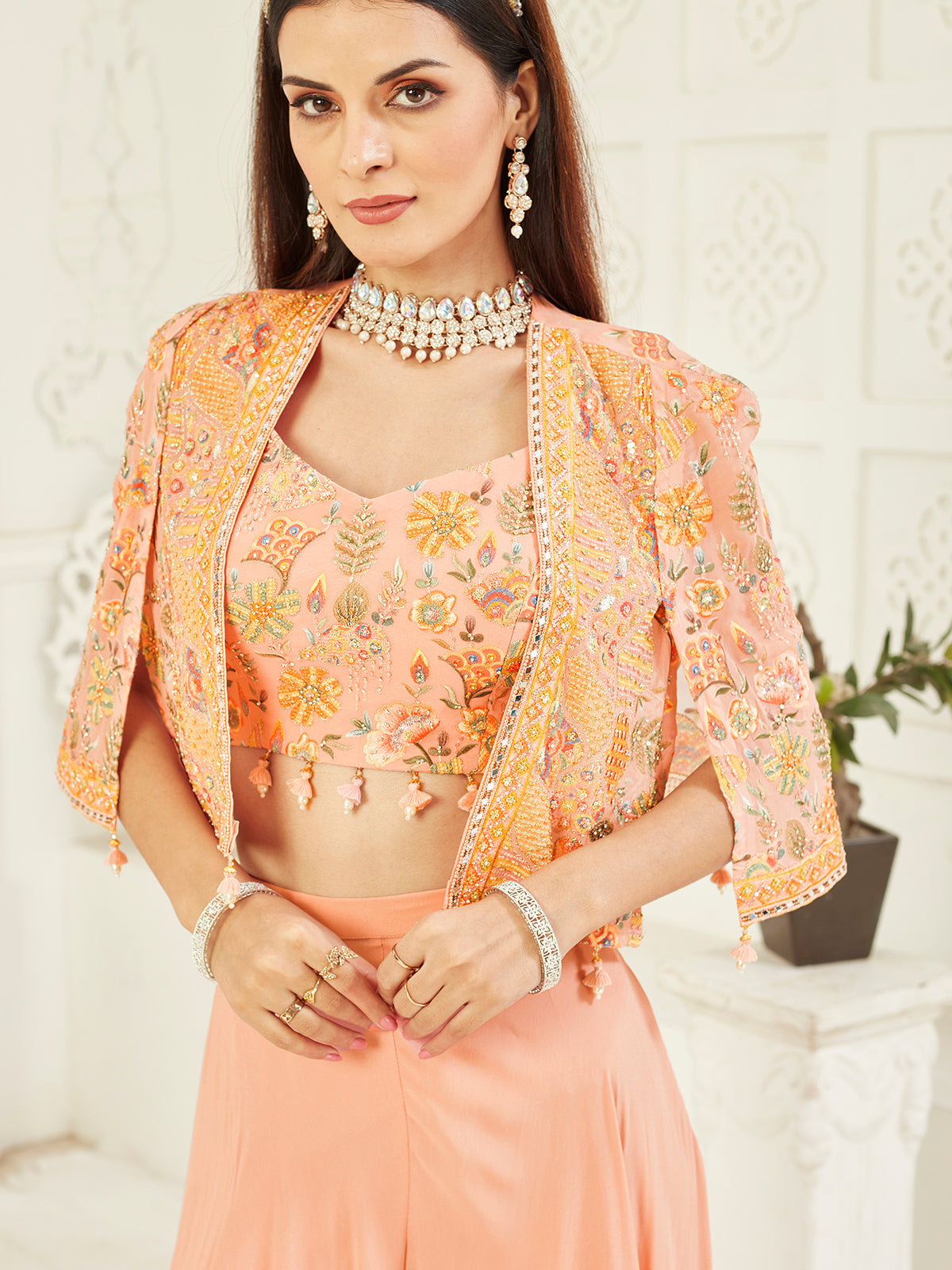Peach georgette jacket palazzo suit with mirror work for women