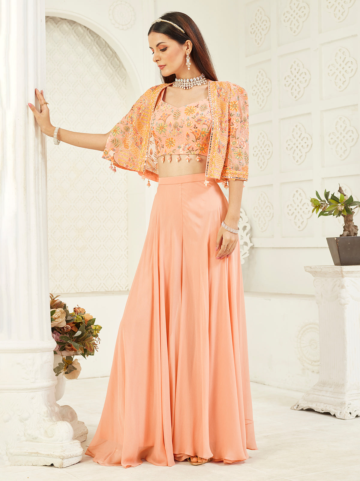 Peach georgette jacket palazzo suit with mirror work for women