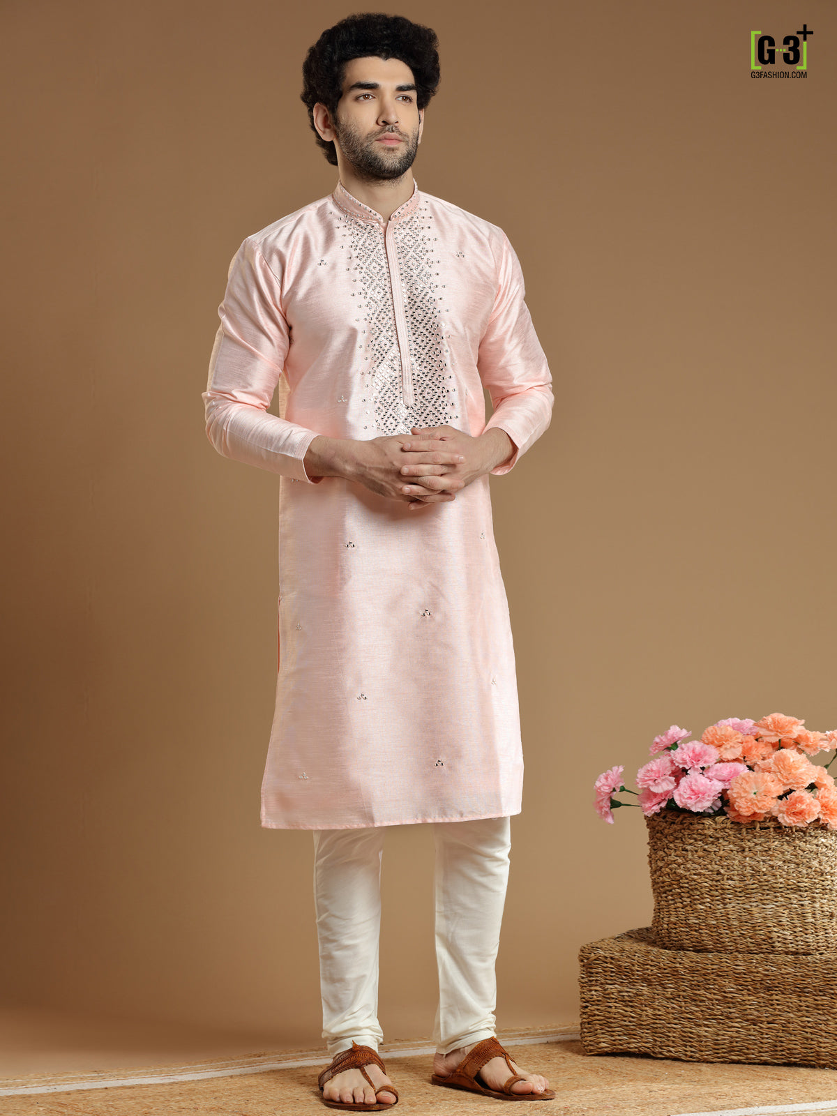 Peach hued cotton silk kurta suit for men