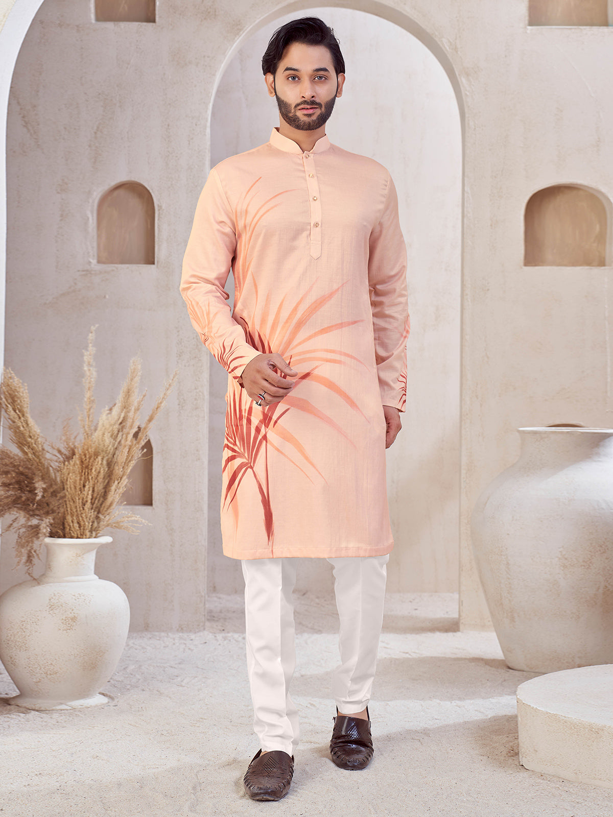Peach printed cotton kurta suit for festive wear