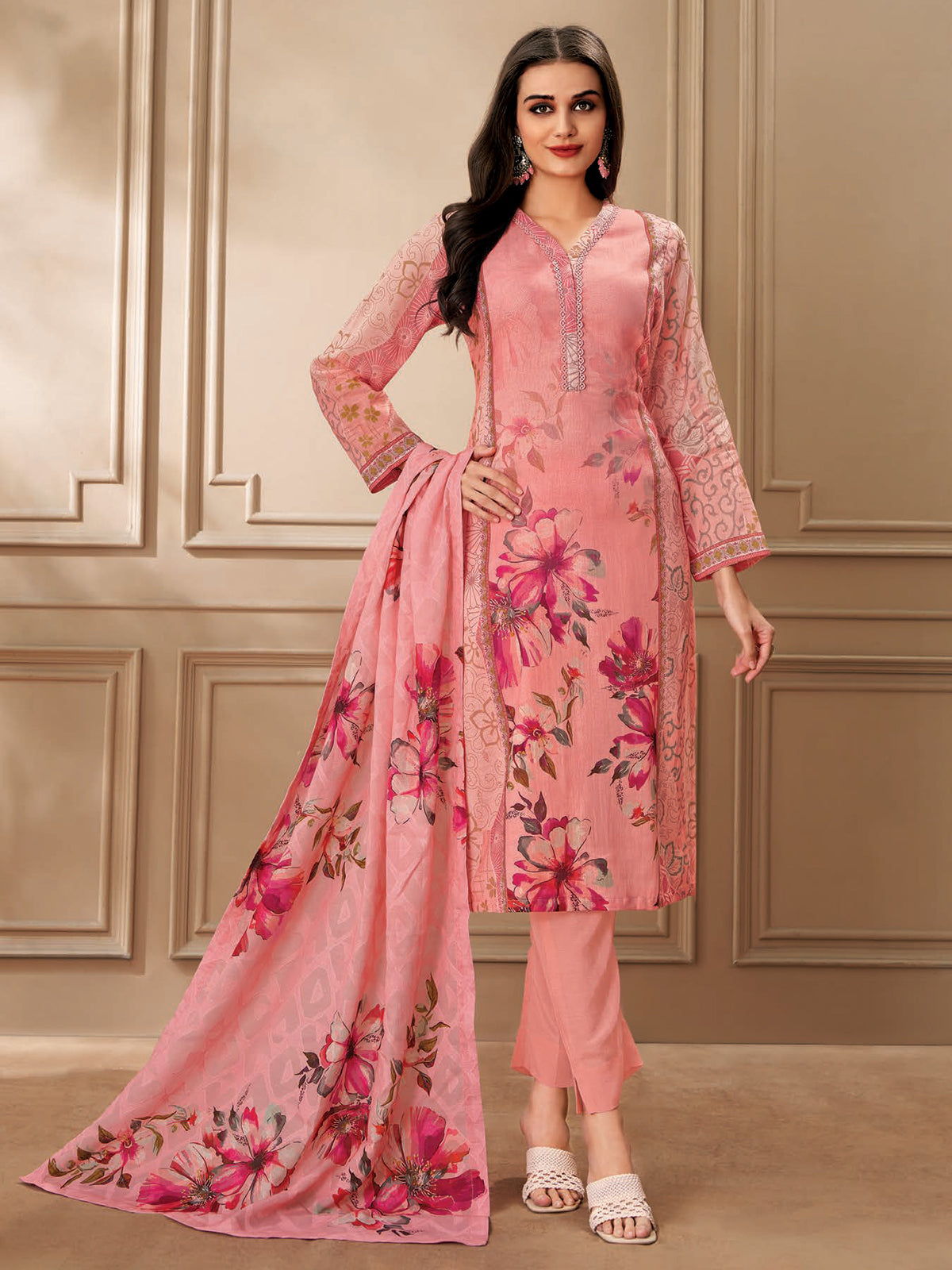 Peach printed cotton salwar suit