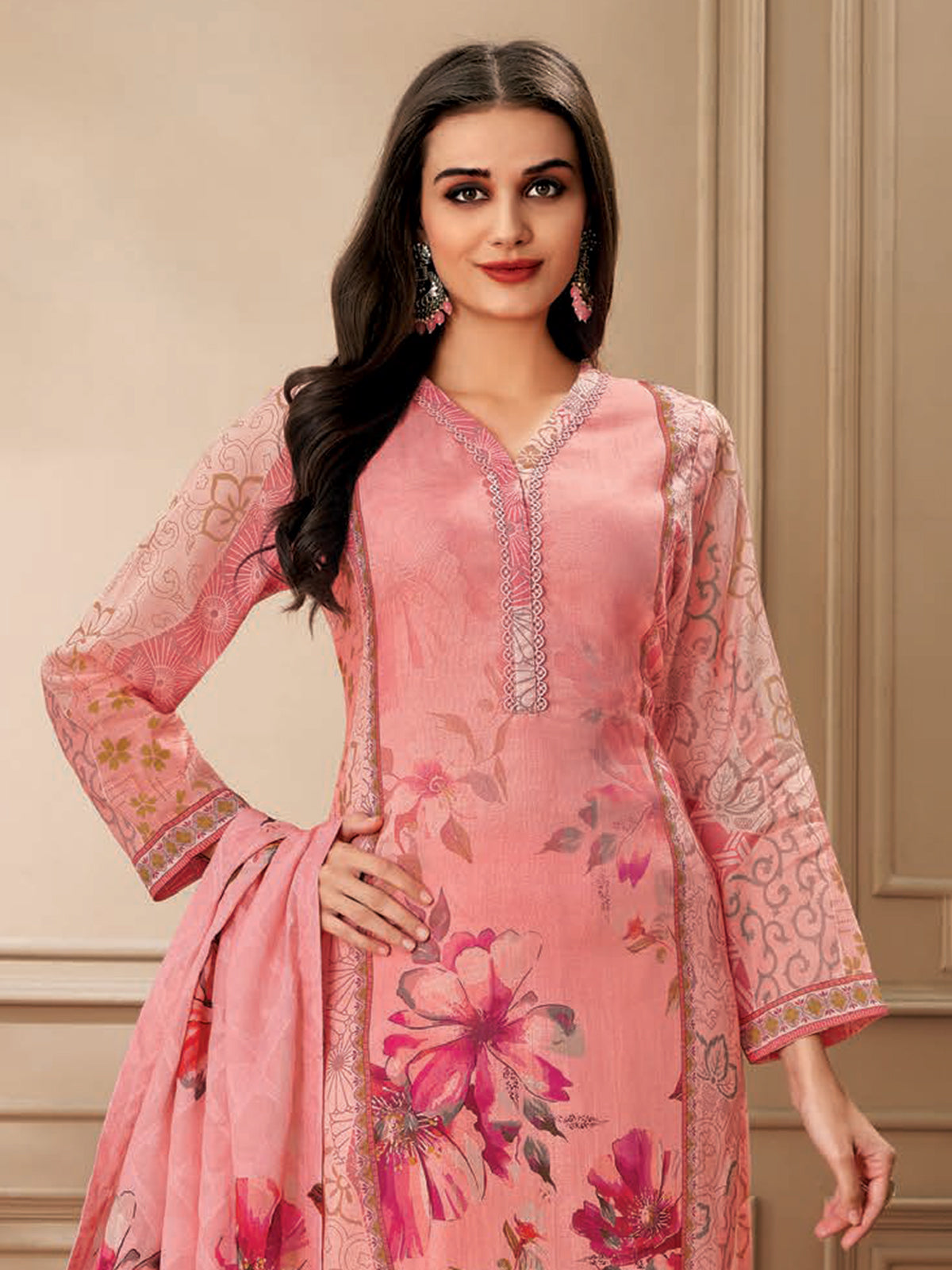 Peach printed cotton salwar suit