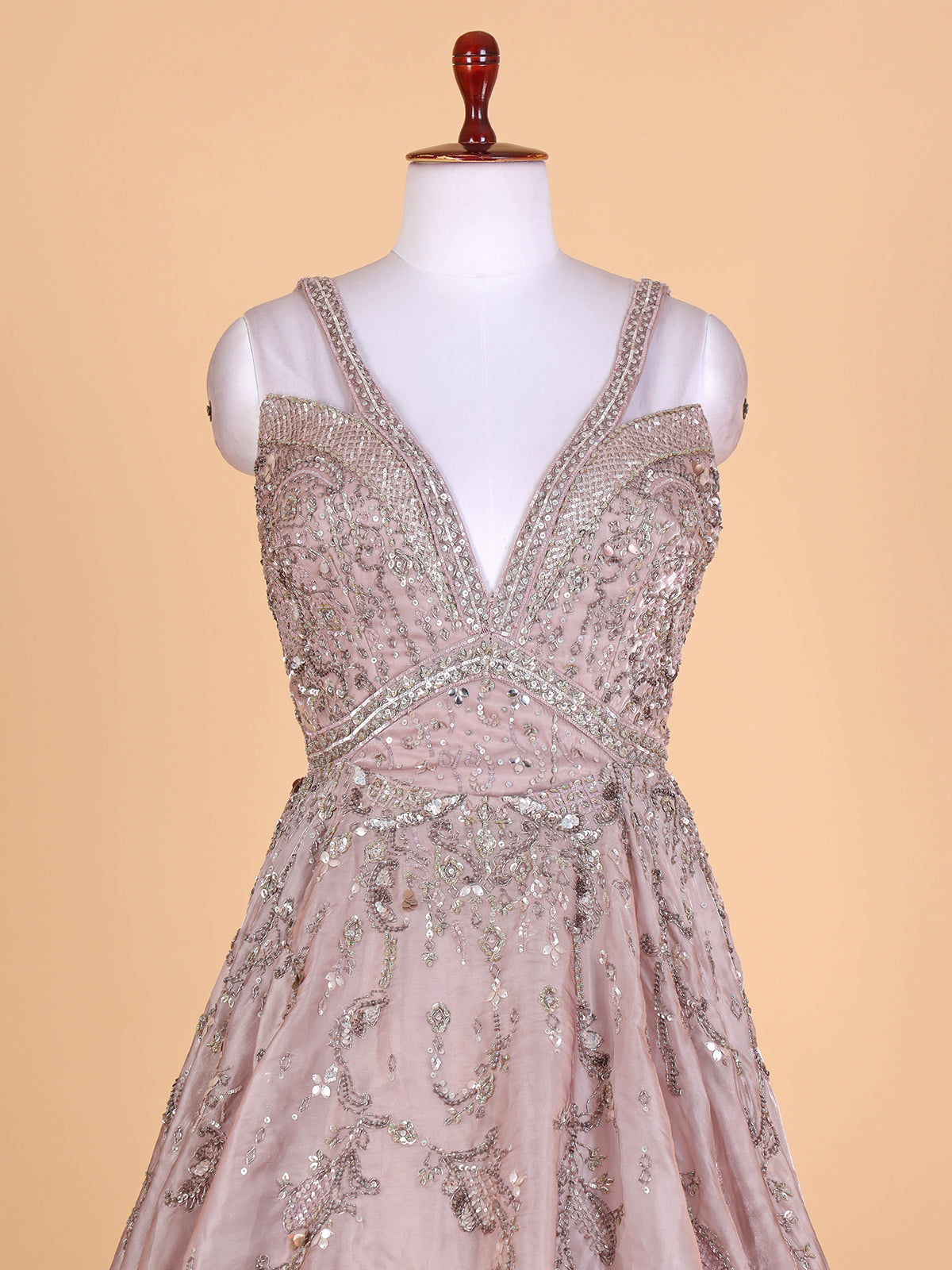 Peach printed designer gown in organza