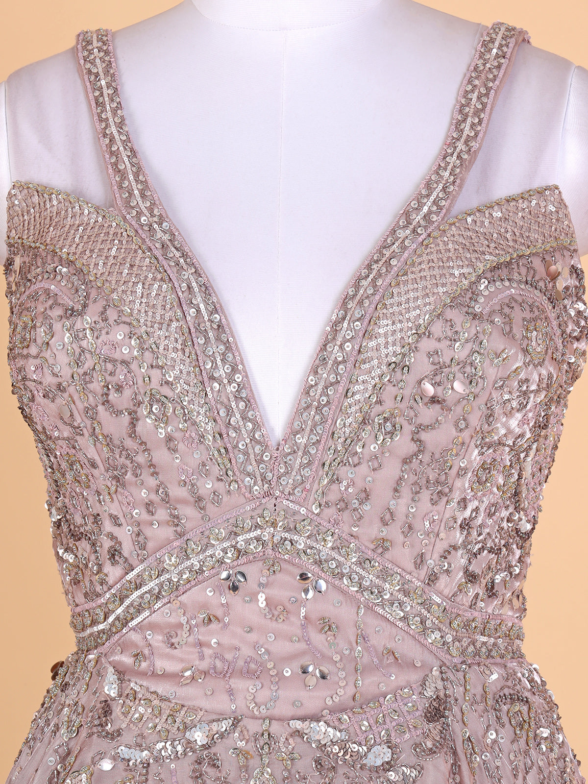 Peach printed designer gown in organza