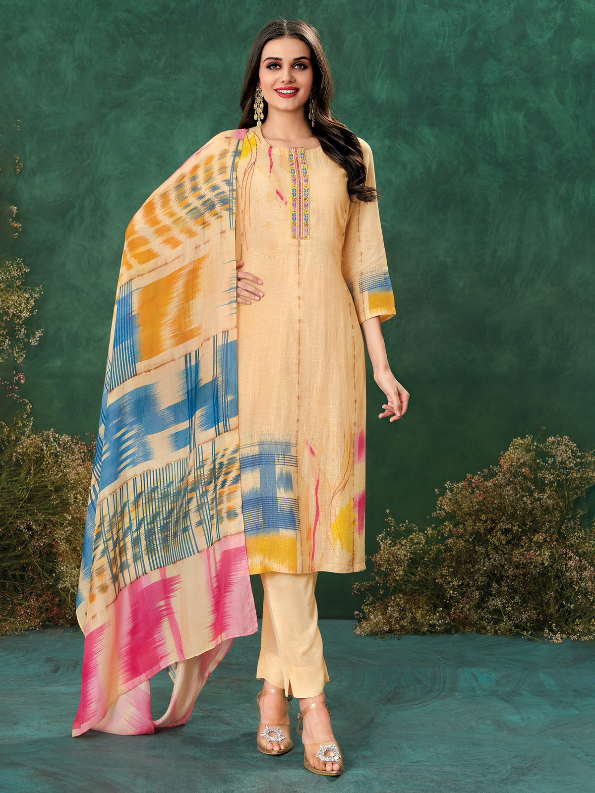 Peach printed linen salwar suit