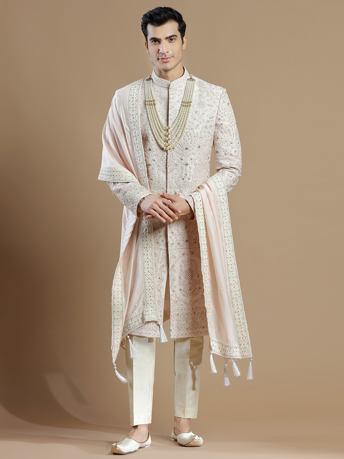 Peach raw silk groom wear sherwani for men