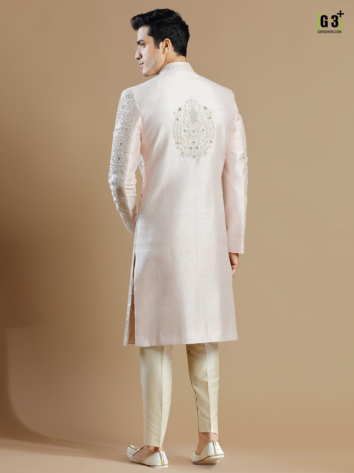 Peach raw silk groom wear sherwani for men