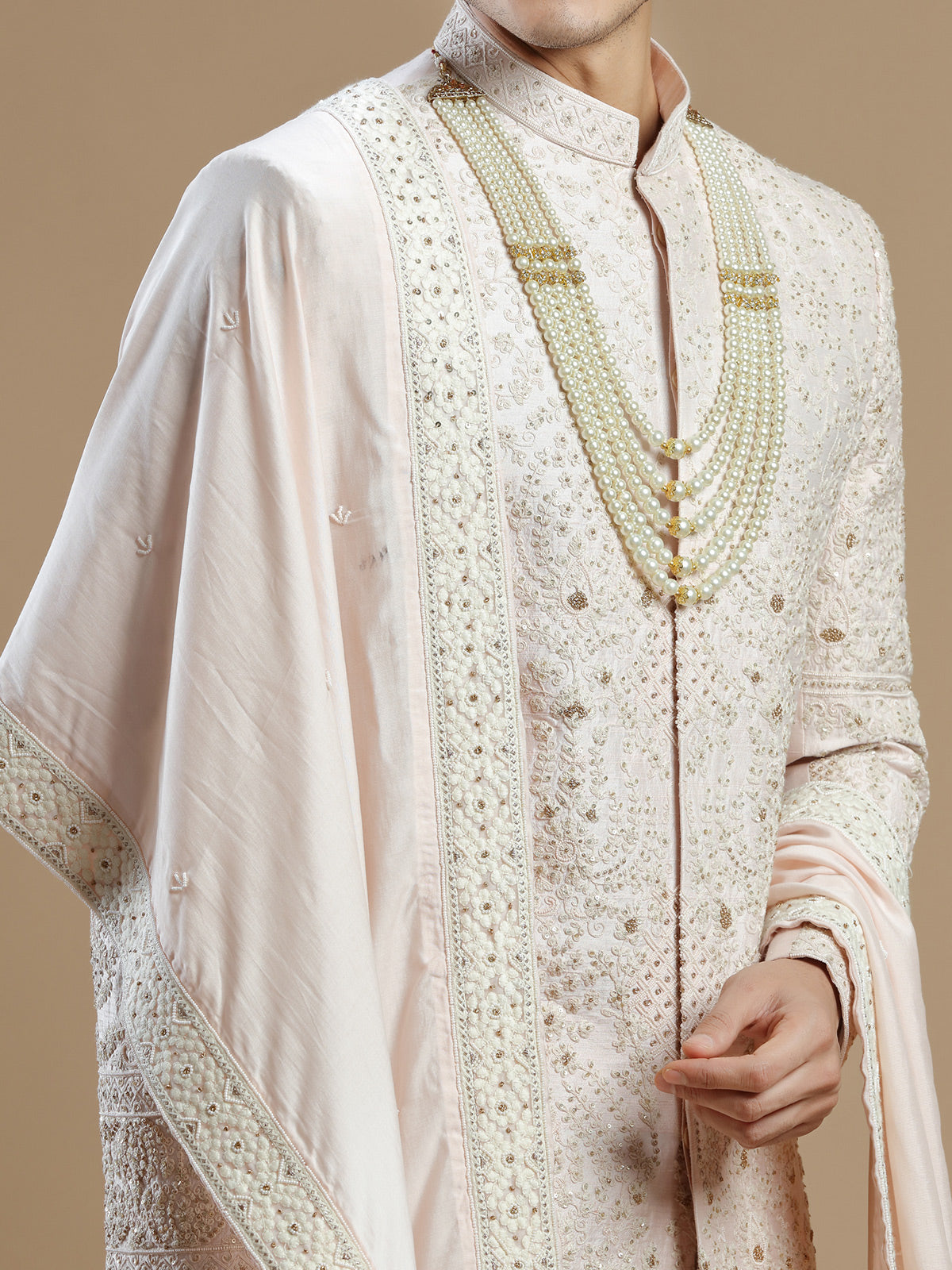 Peach raw silk groom wear sherwani for men