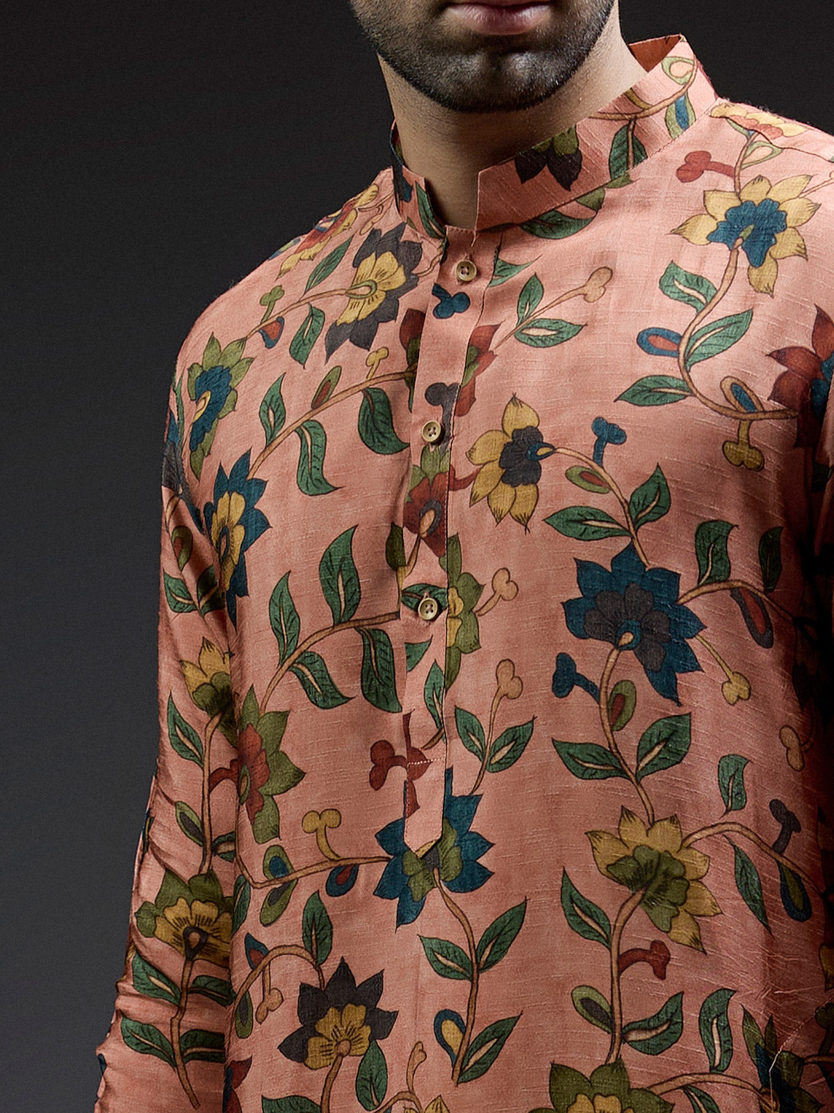 Peach silk kurta suit in pataudi print for men