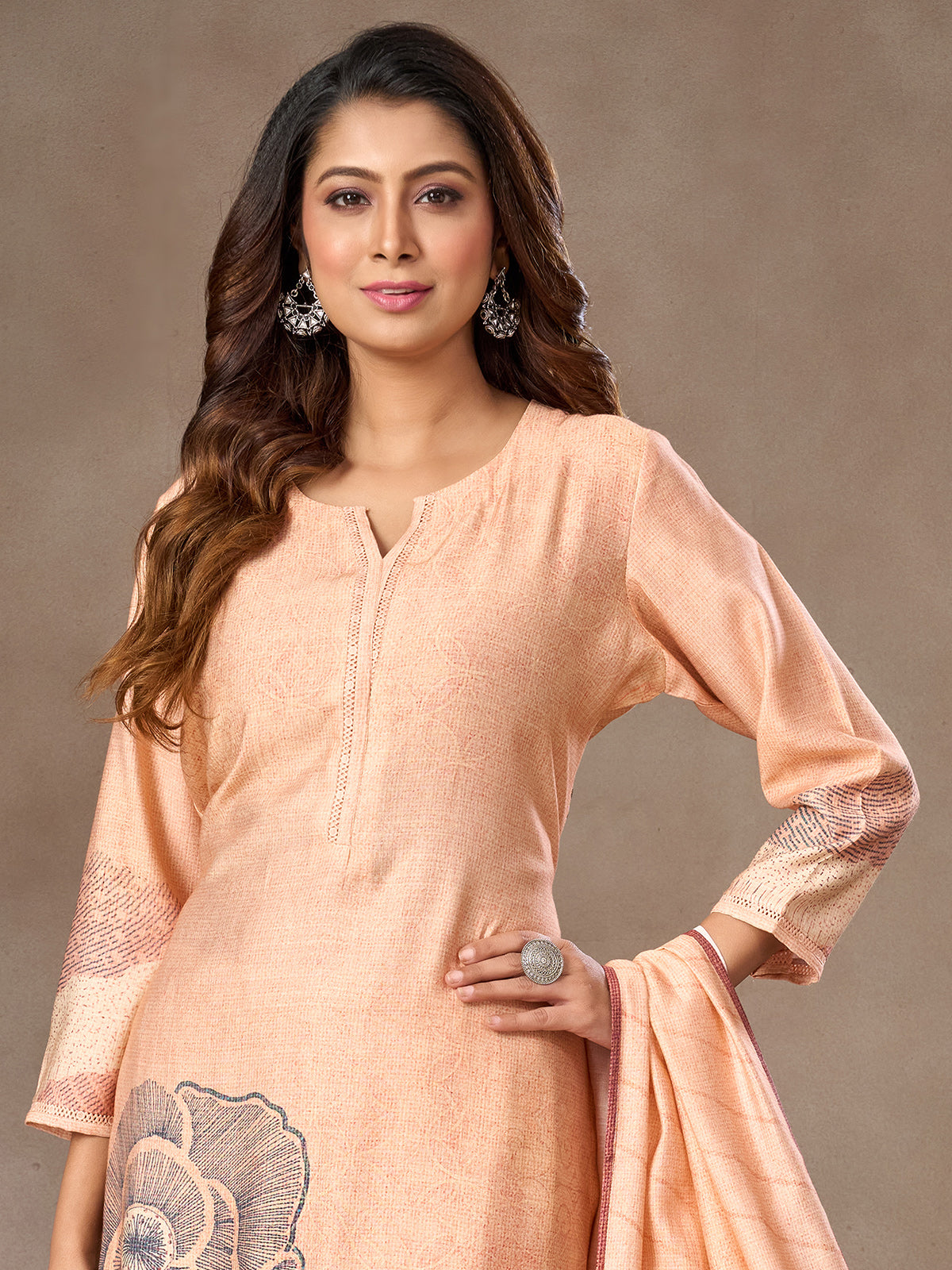 Peach silk salwar suit with floral print and sweetheart neck