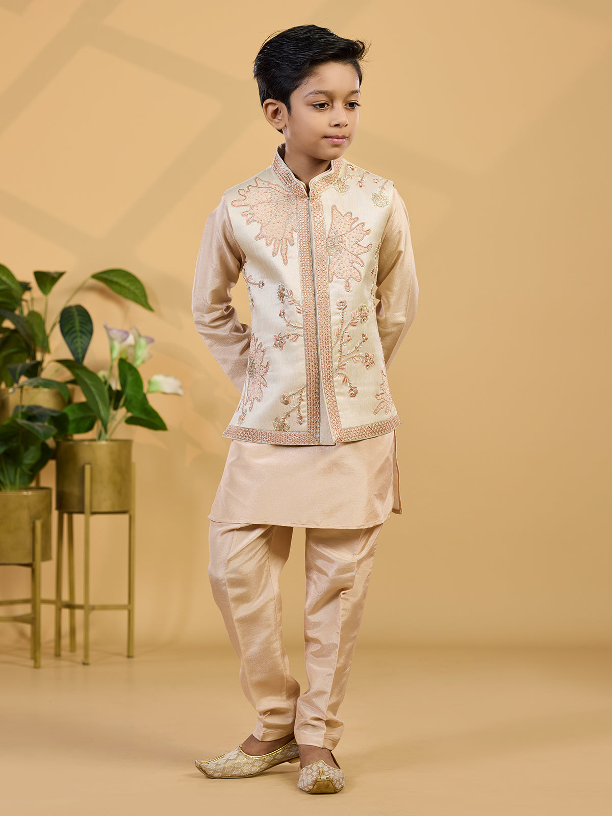 Peach silk waistcoat set with festive handcrafted detailing