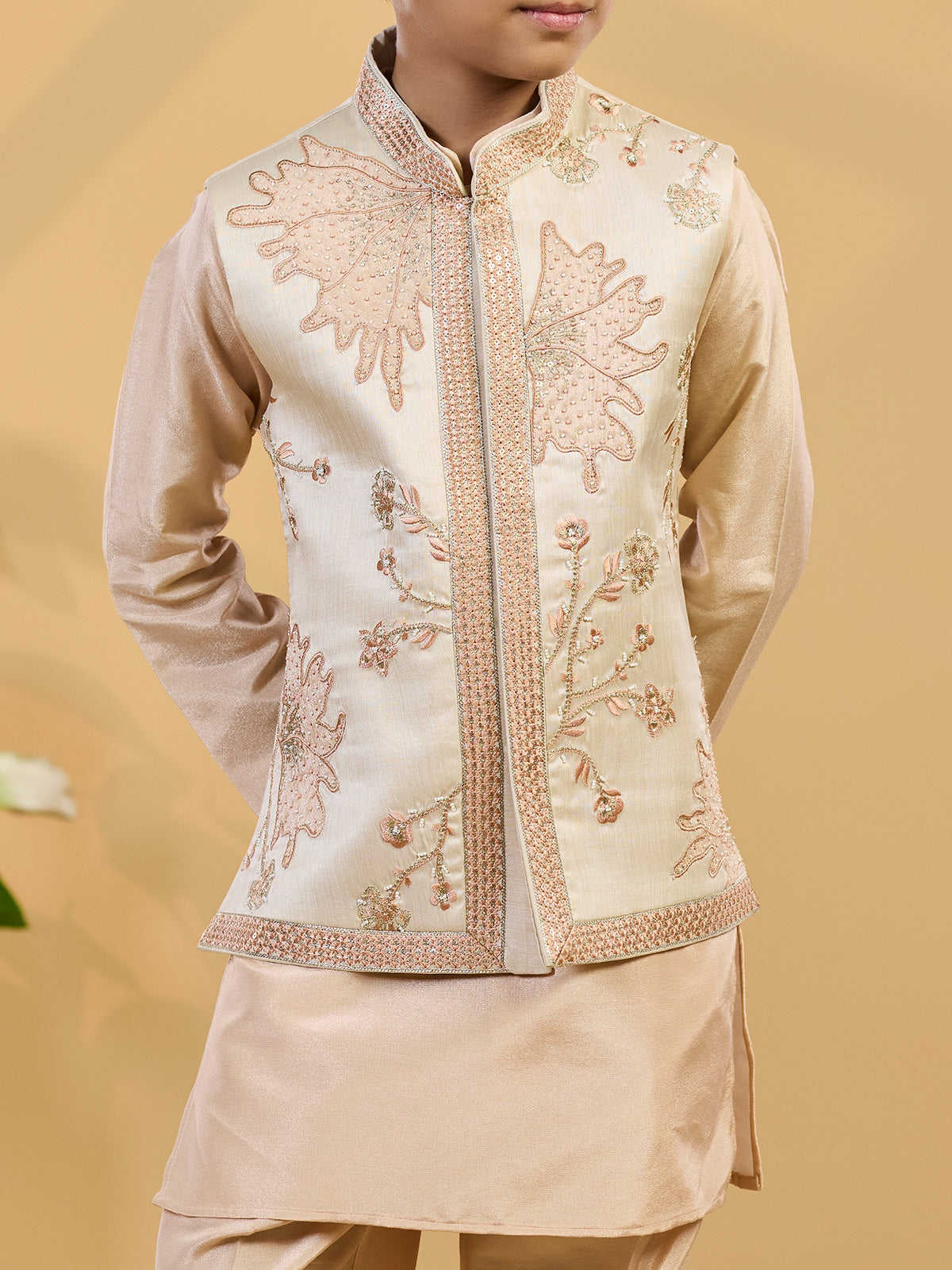 Peach silk waistcoat set with festive handcrafted detailing