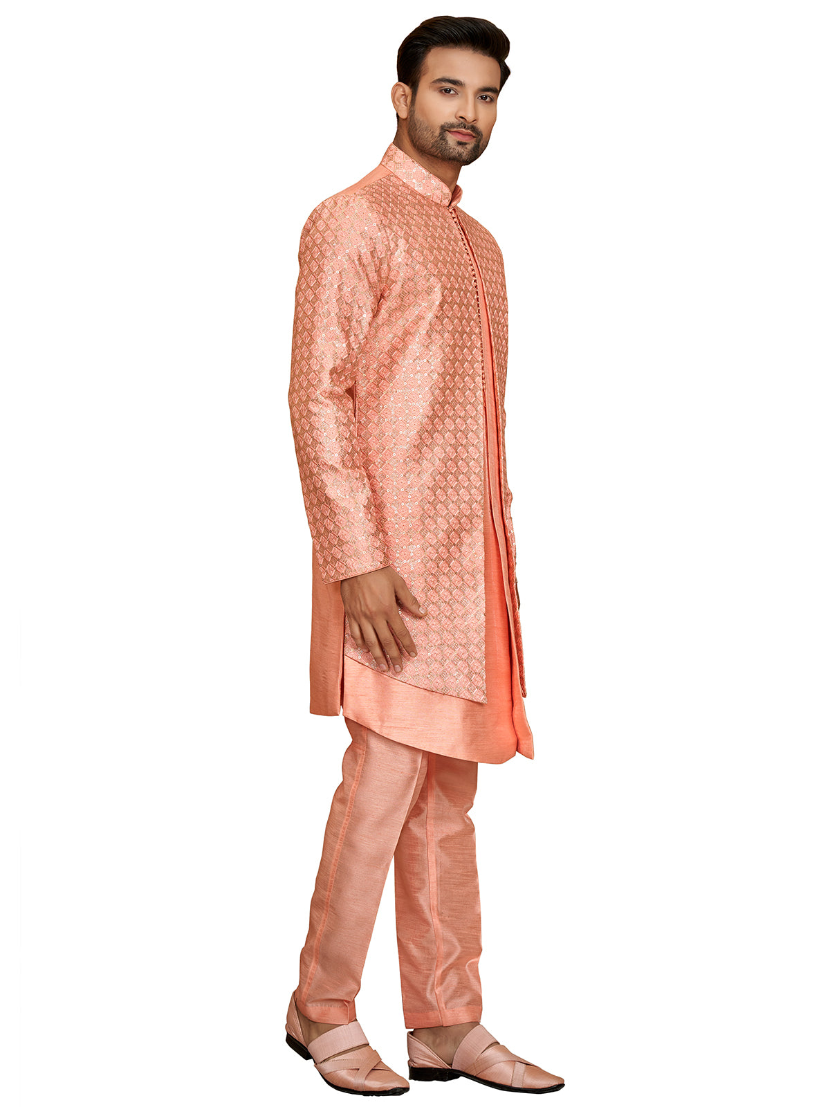 Peach silk wedding look indowestern
