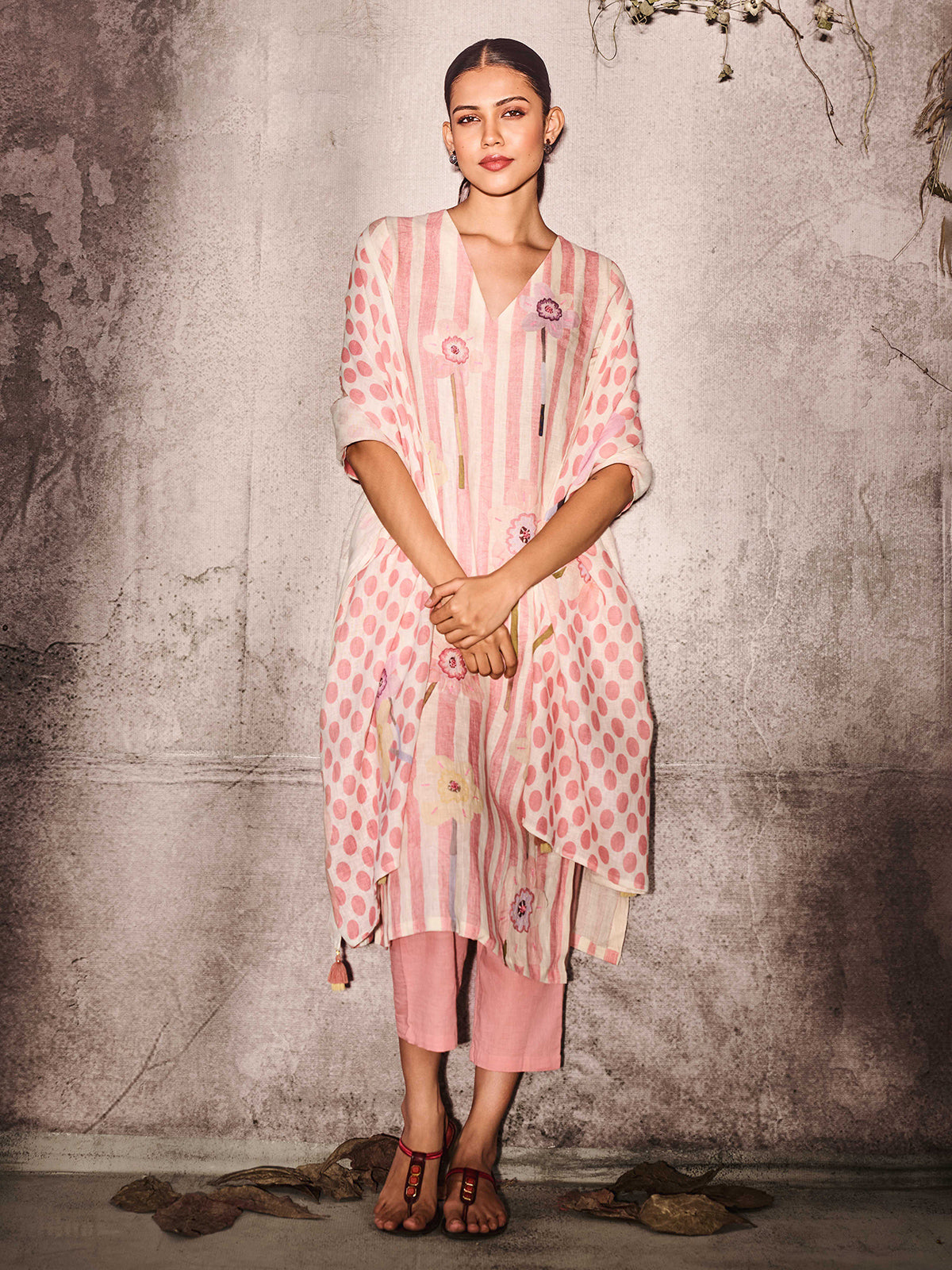 Pink and white cotton kurti set with dupatta