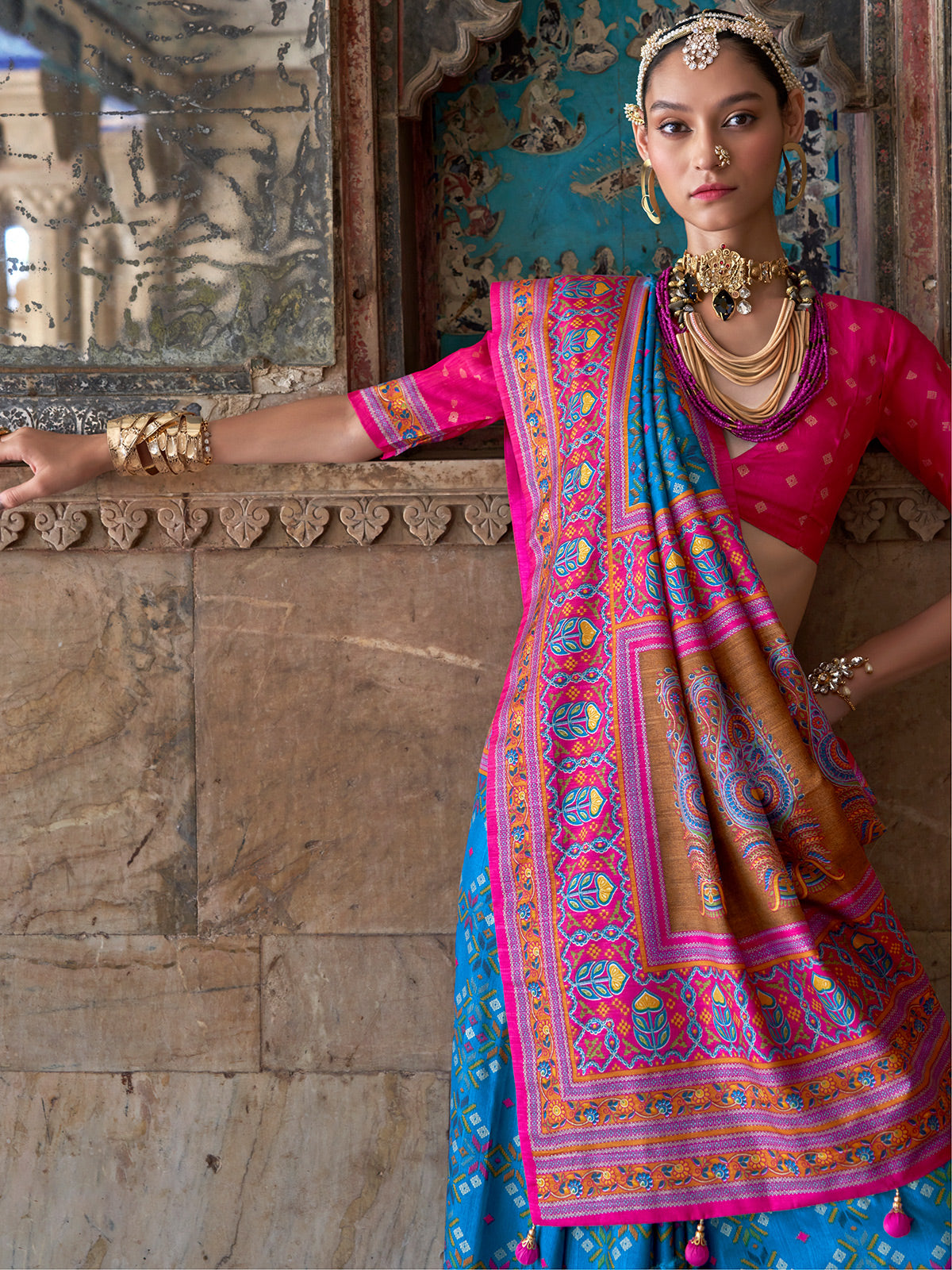 Pink blue luxury print saree