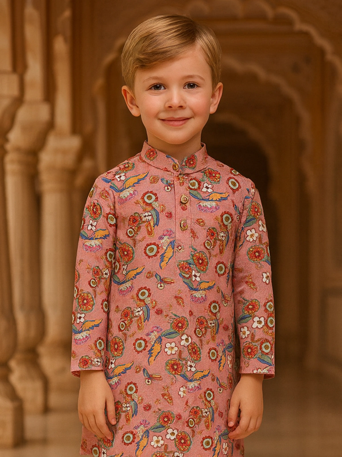 Pink chicken silk printed kurta suit for boys
