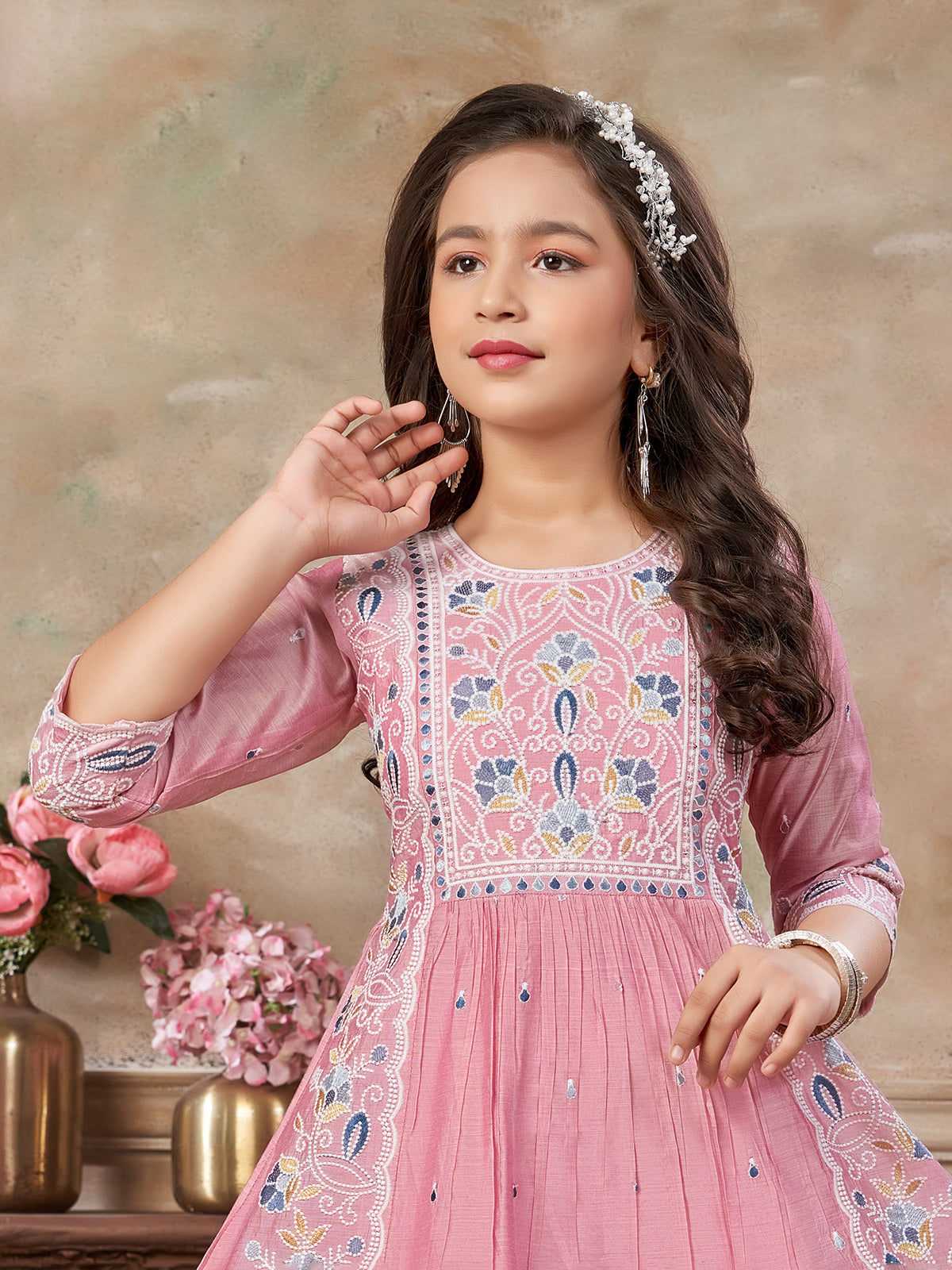 Pink embroidered salwar suit with pants and dupatta