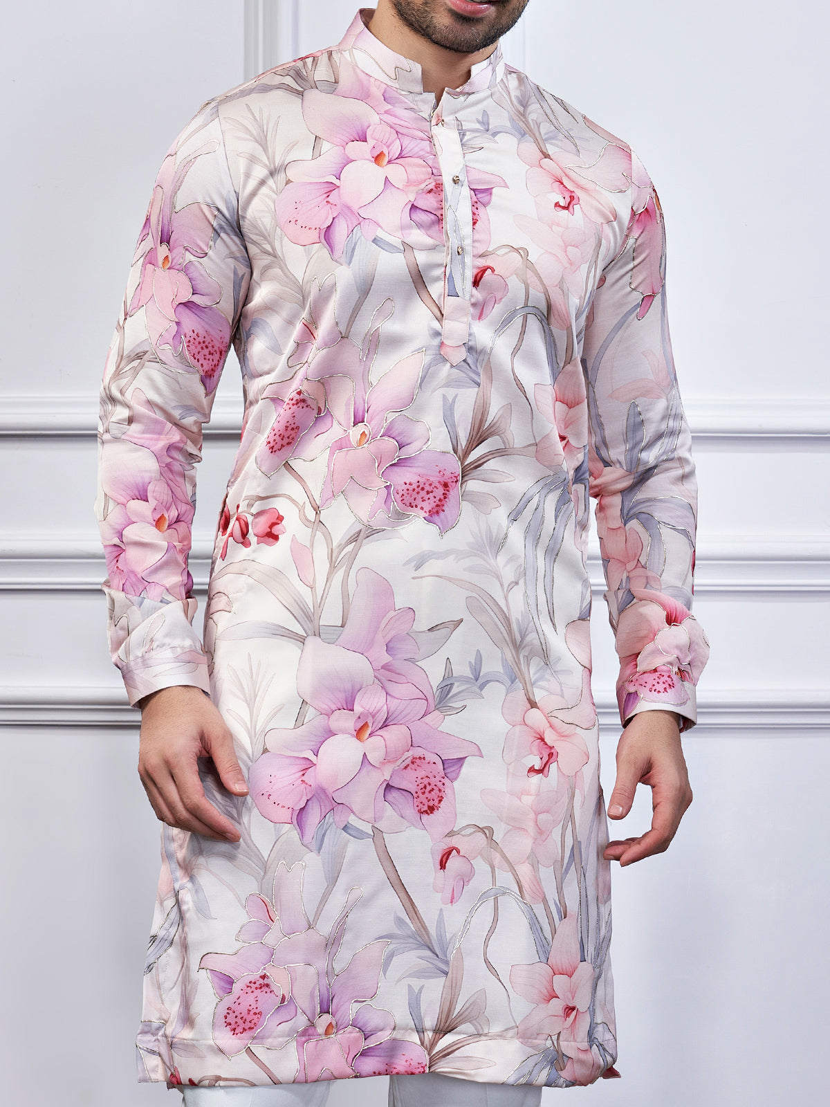 Pink floral printed cotton kurta suit for festive wear