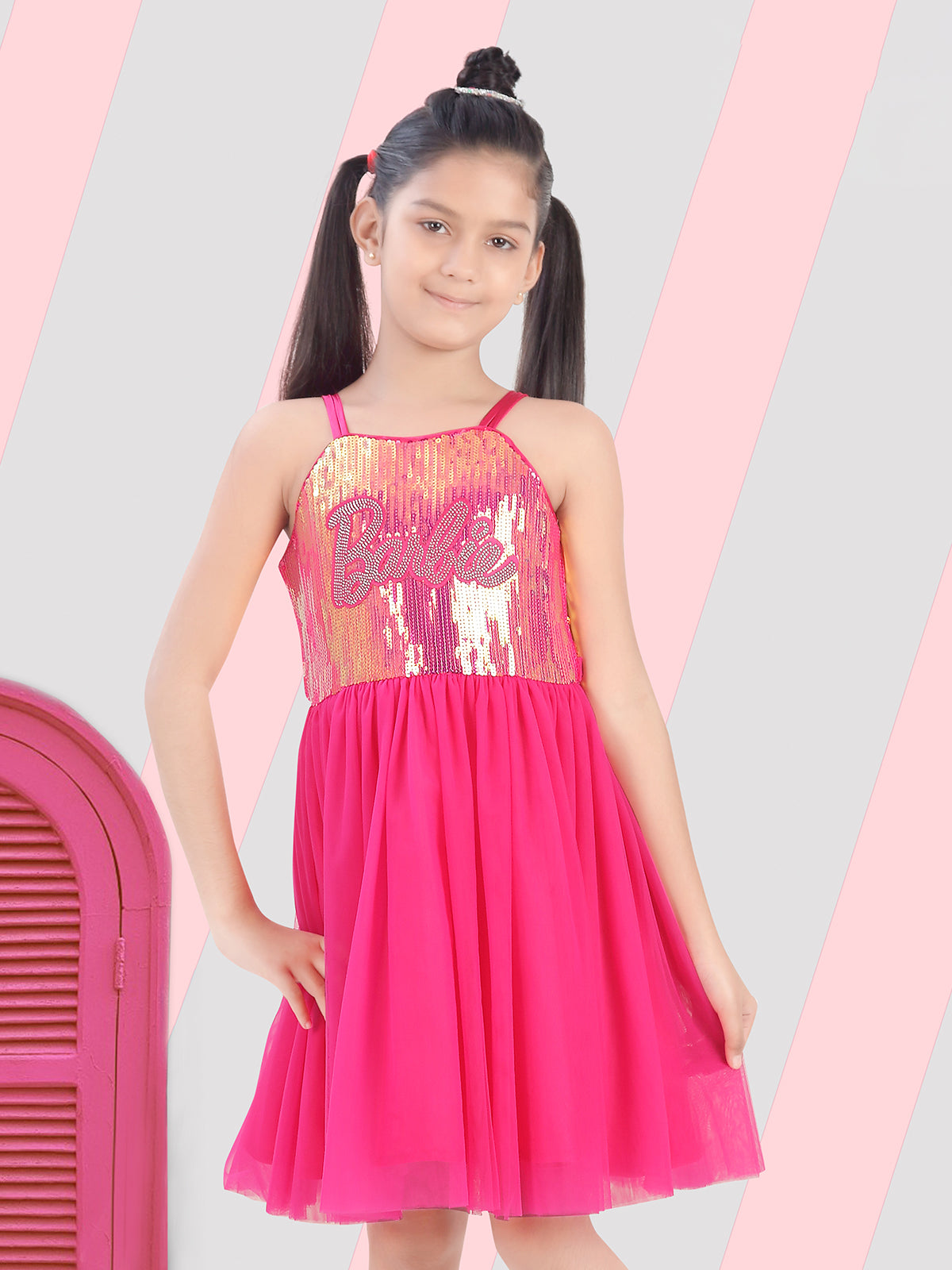 Pink georgette frock with sequins and square neck