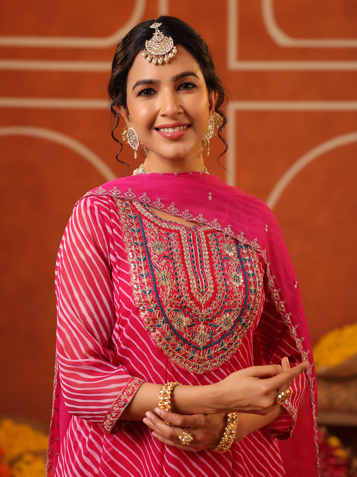 Pink georgette printed kurti set with dupatta