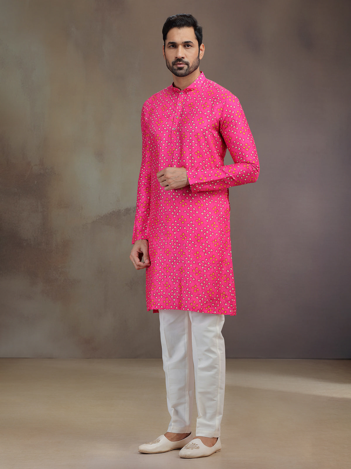 Pink printed silk kurta pajama for festival