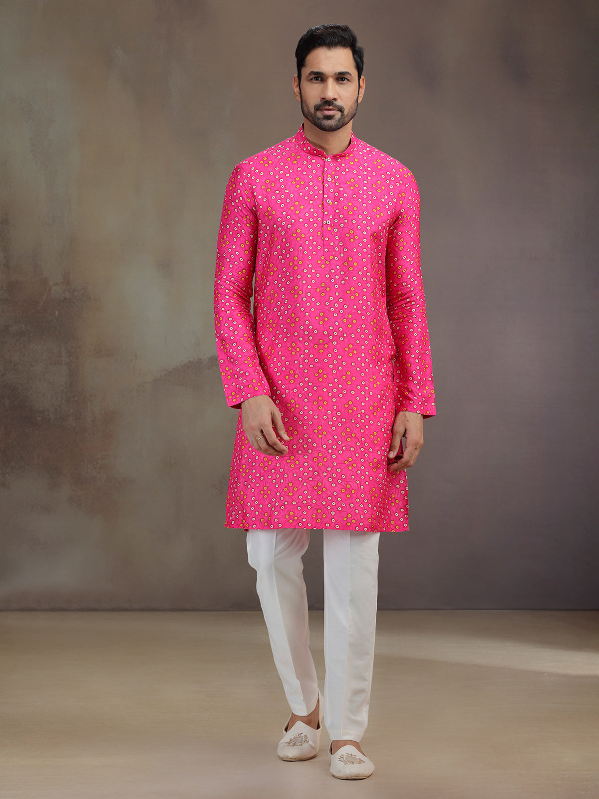 Pink printed silk kurta pajama for festival