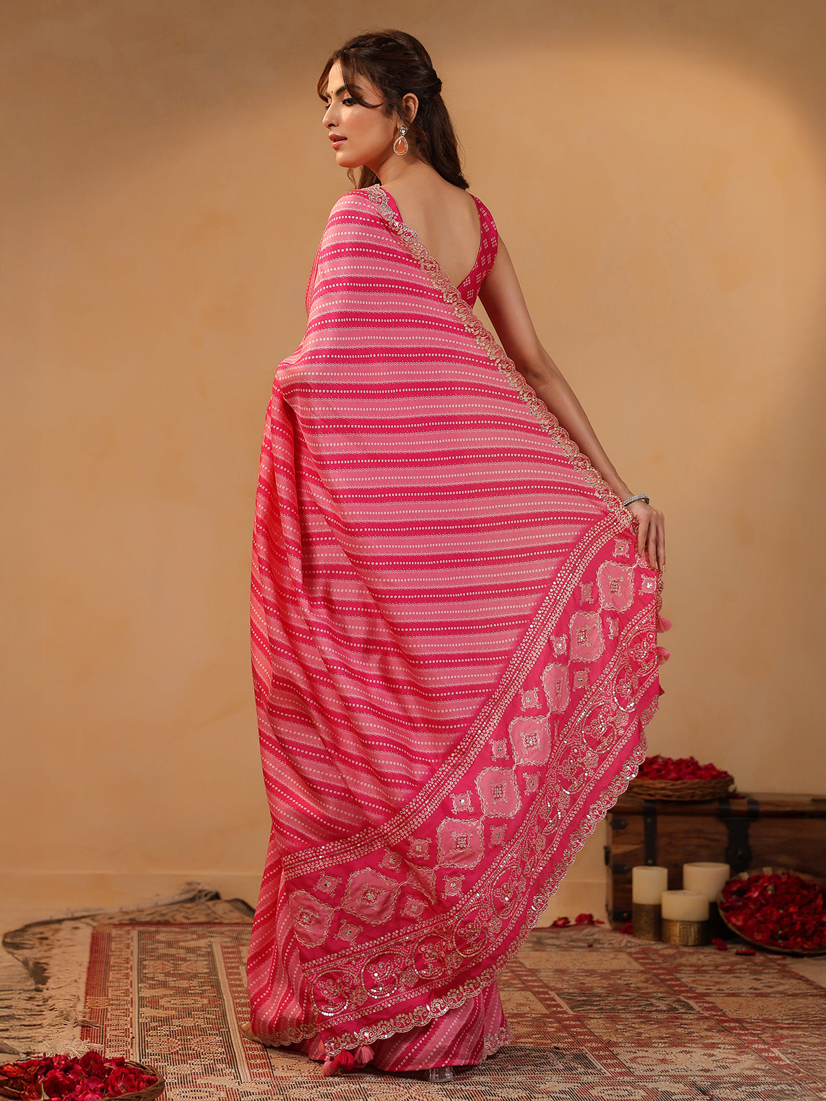 Pink printed silk saree with aabla highlights
