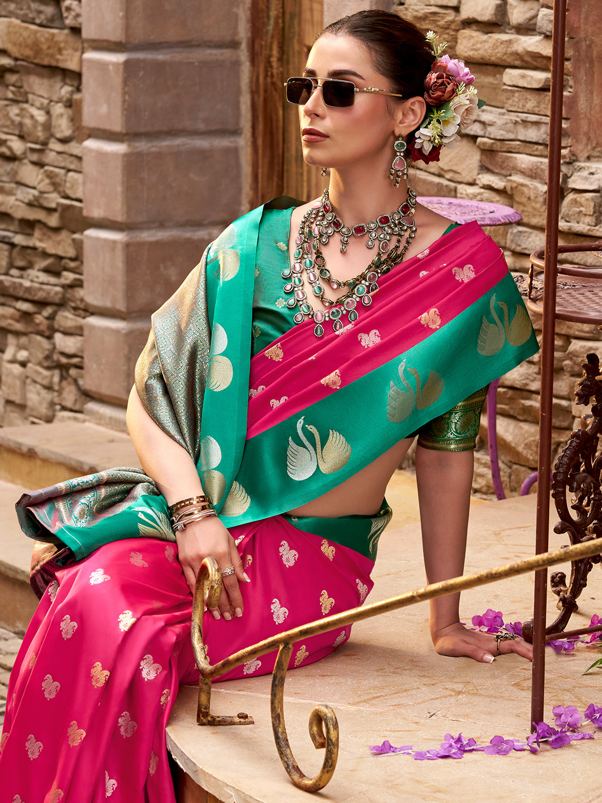 Pink satin silk woven zari beauty