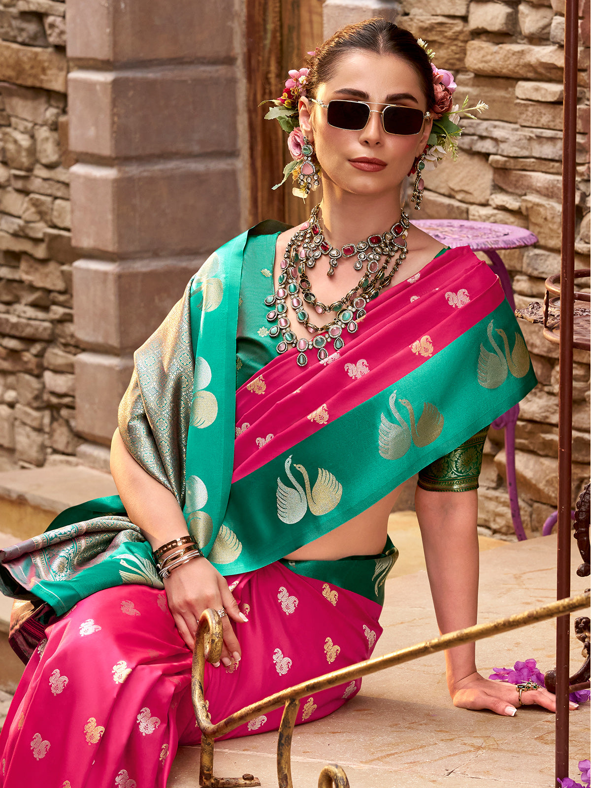 Pink satin silk woven zari beauty