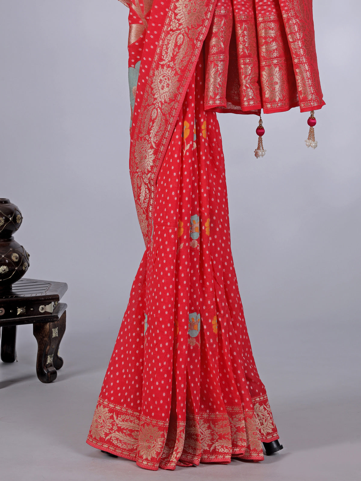 Pink semi georgette zari printed saree for wedding wear