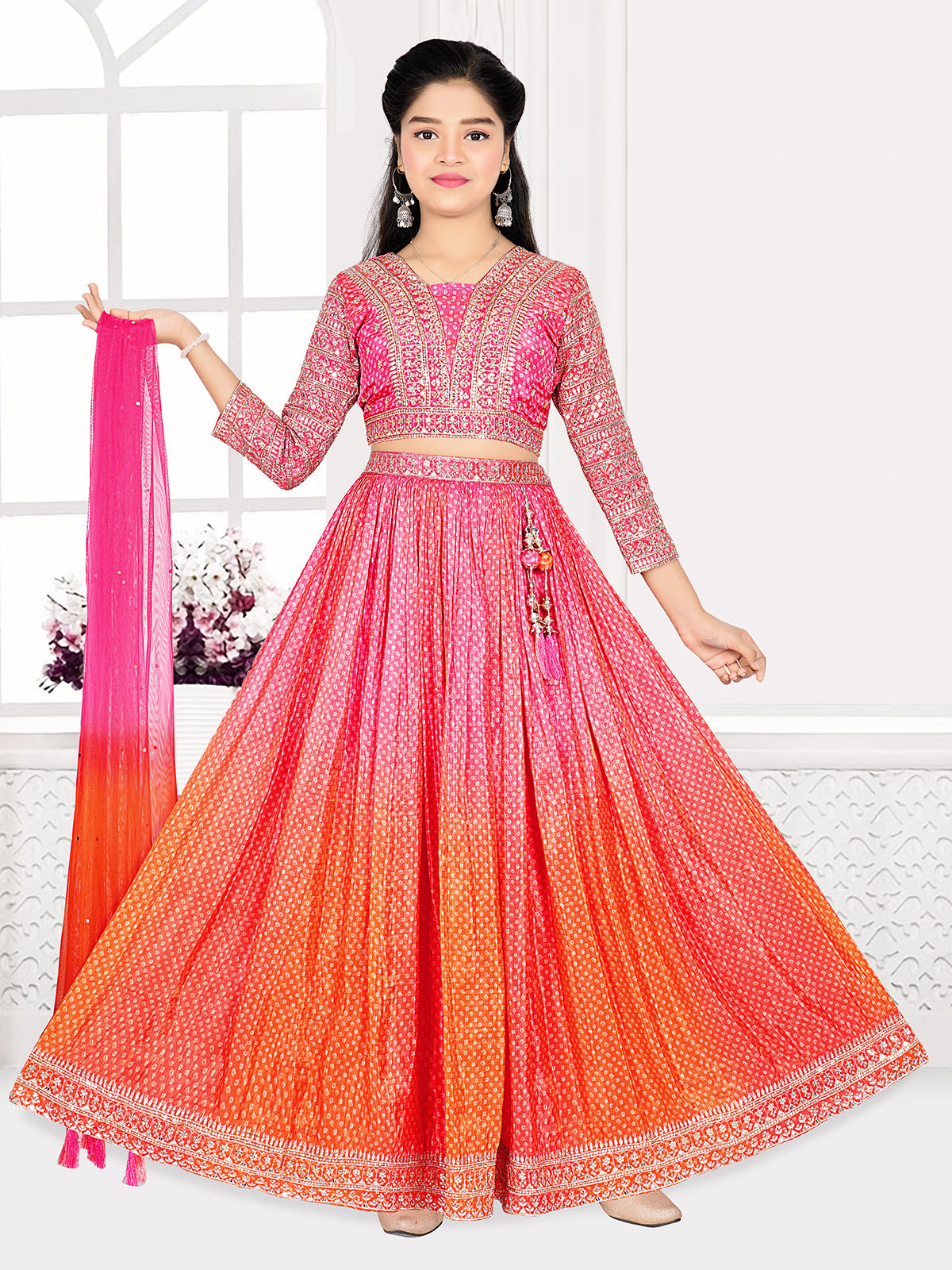 Pink silk shaded bandhej printed lehenga choli with dupatta