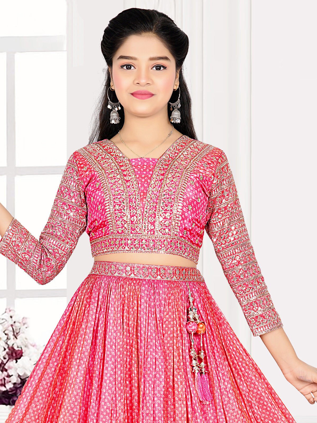 Pink silk shaded bandhej printed lehenga choli with dupatta
