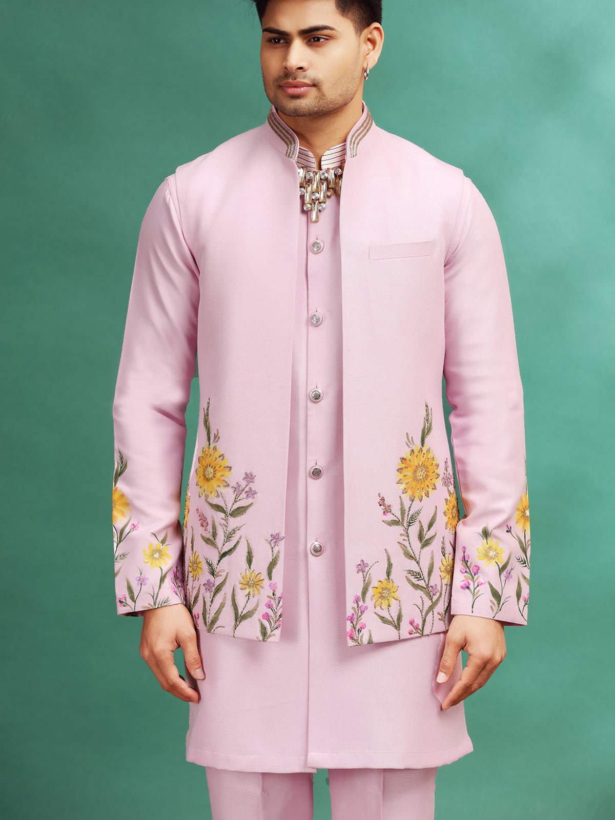 Pink silk wedding wear waistcoat set with hand print