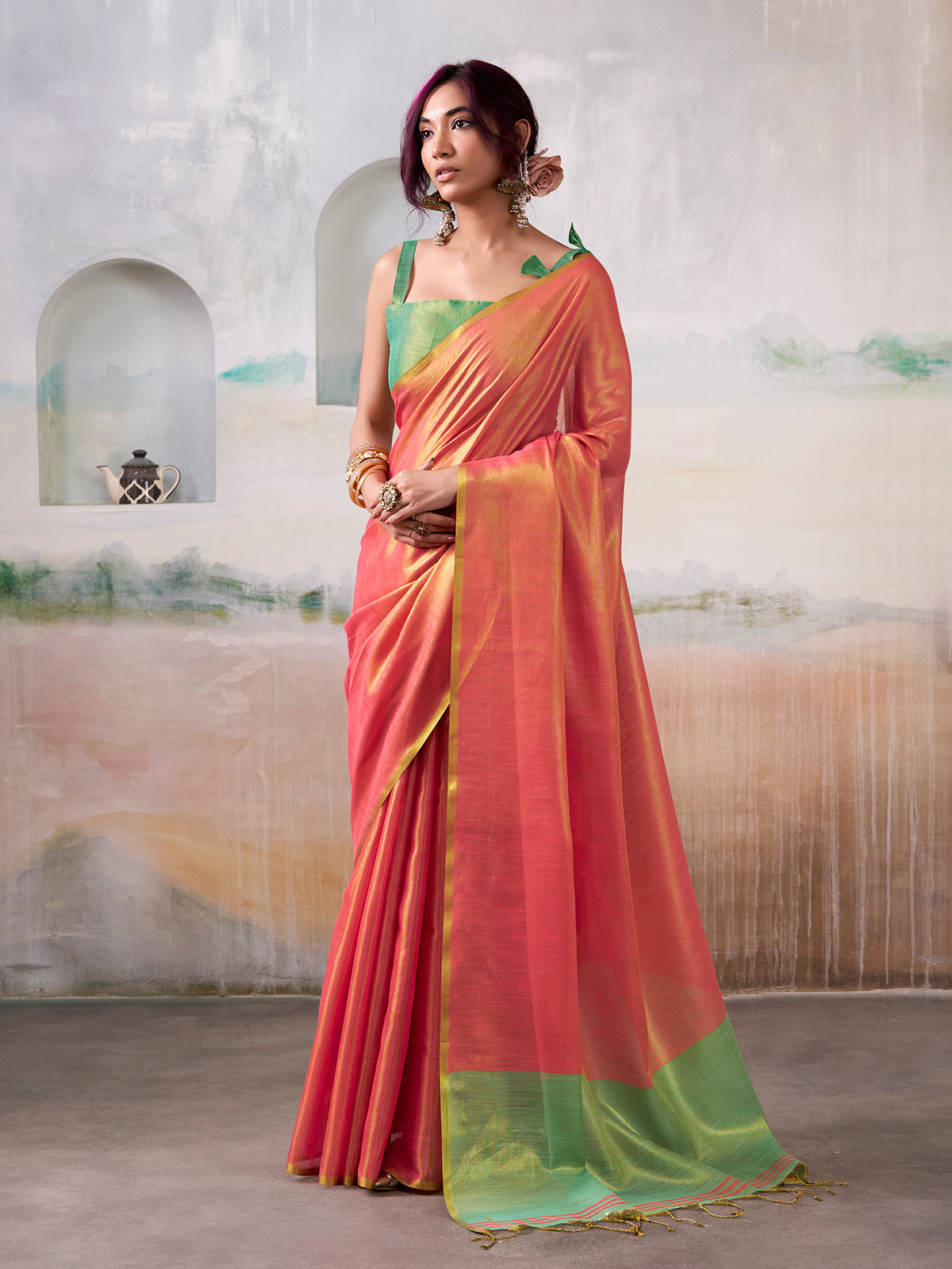 Pink tissue silk saree beauty