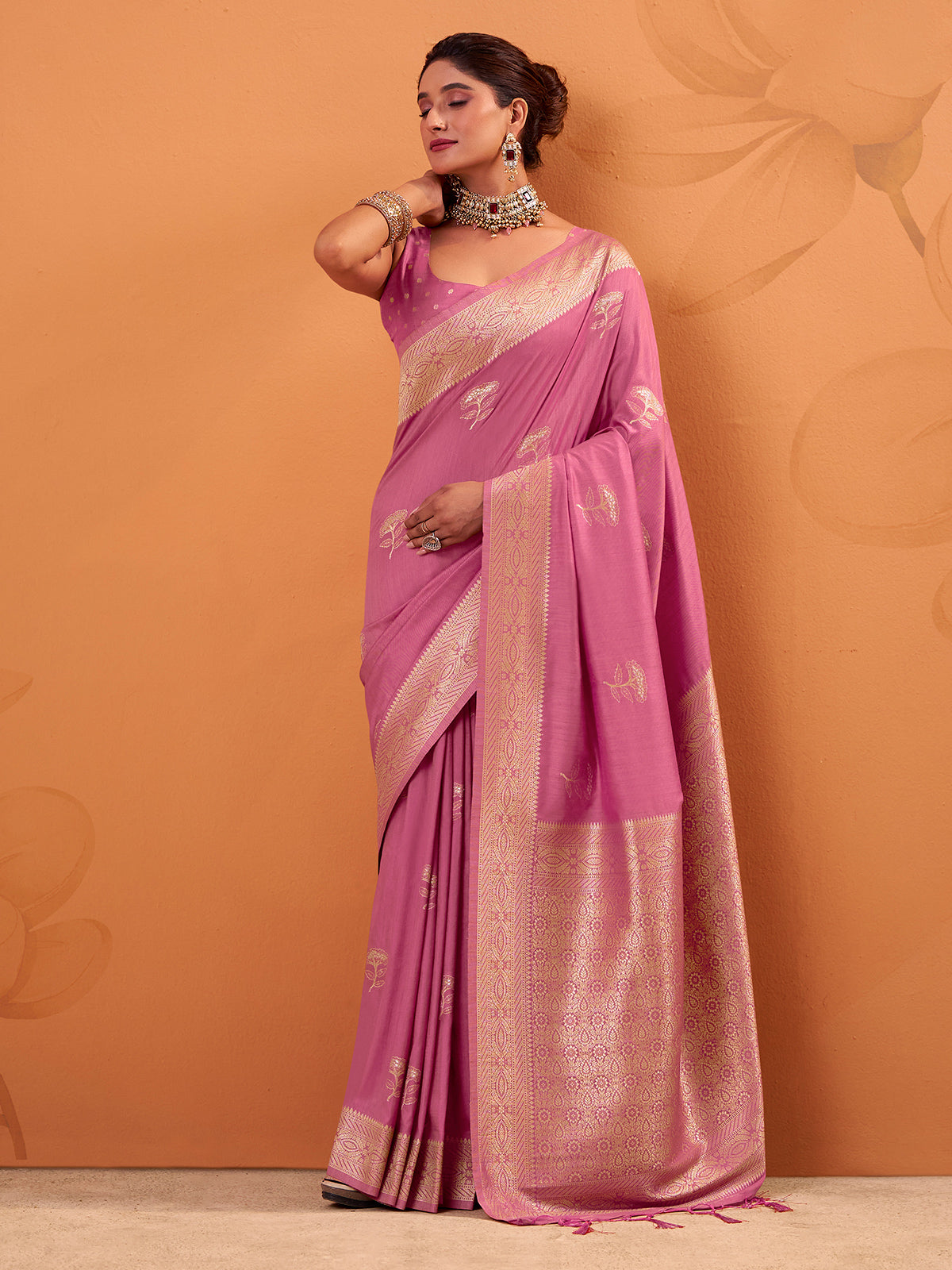 Pink tusser silk saree highlighted with zari work