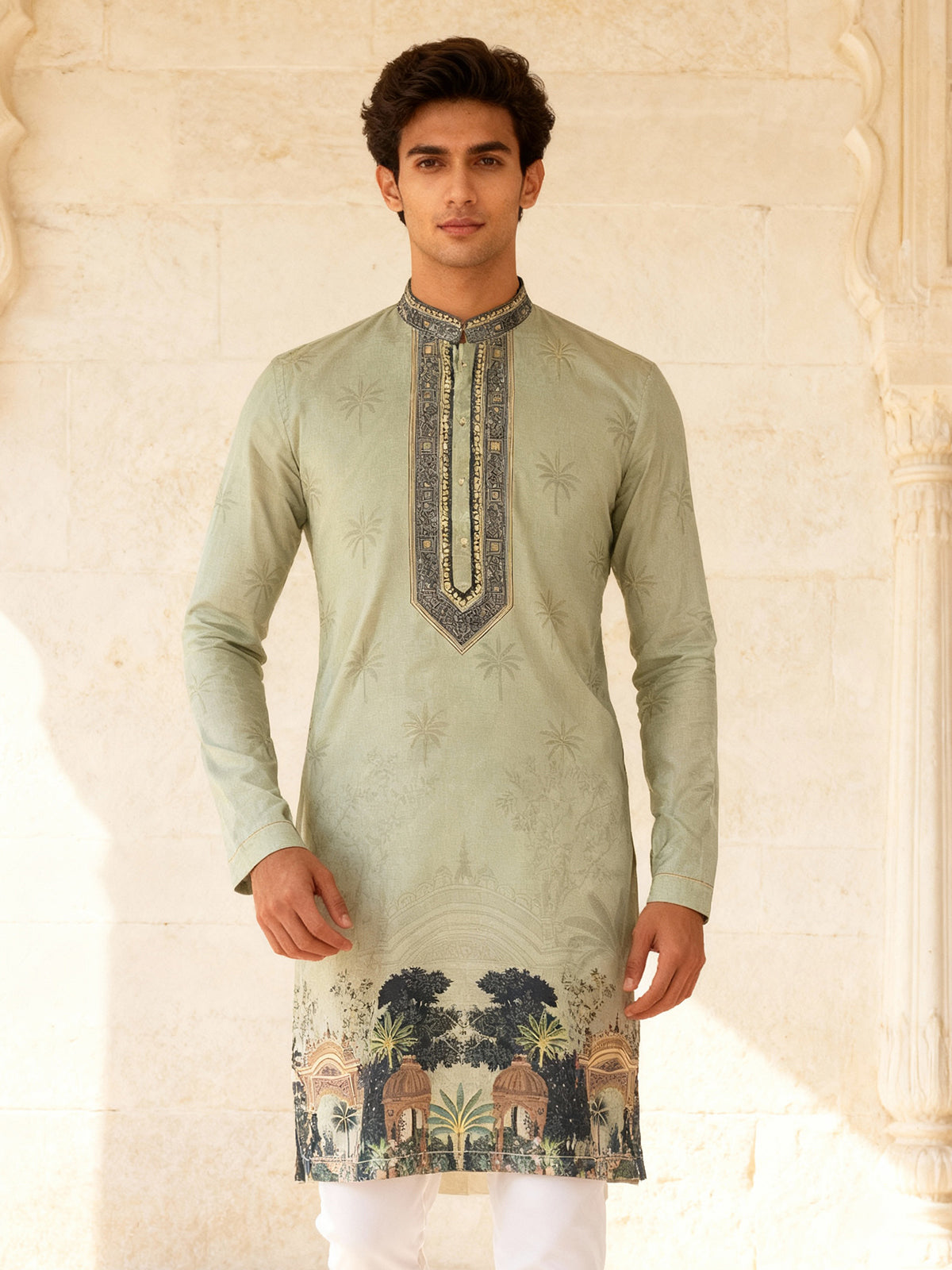 Pista green cotton silk daman printed kurta suit