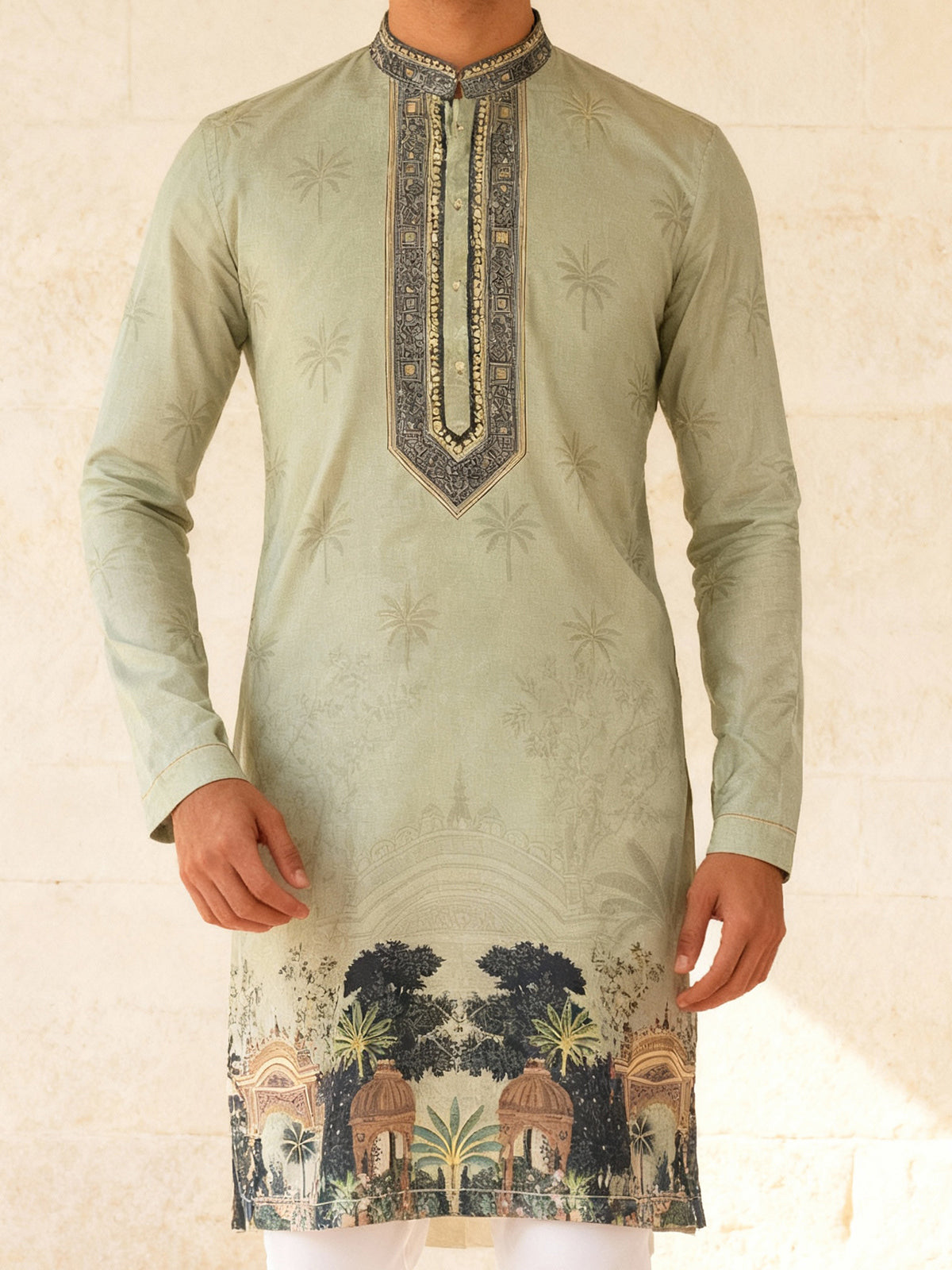Pista green cotton silk daman printed kurta suit