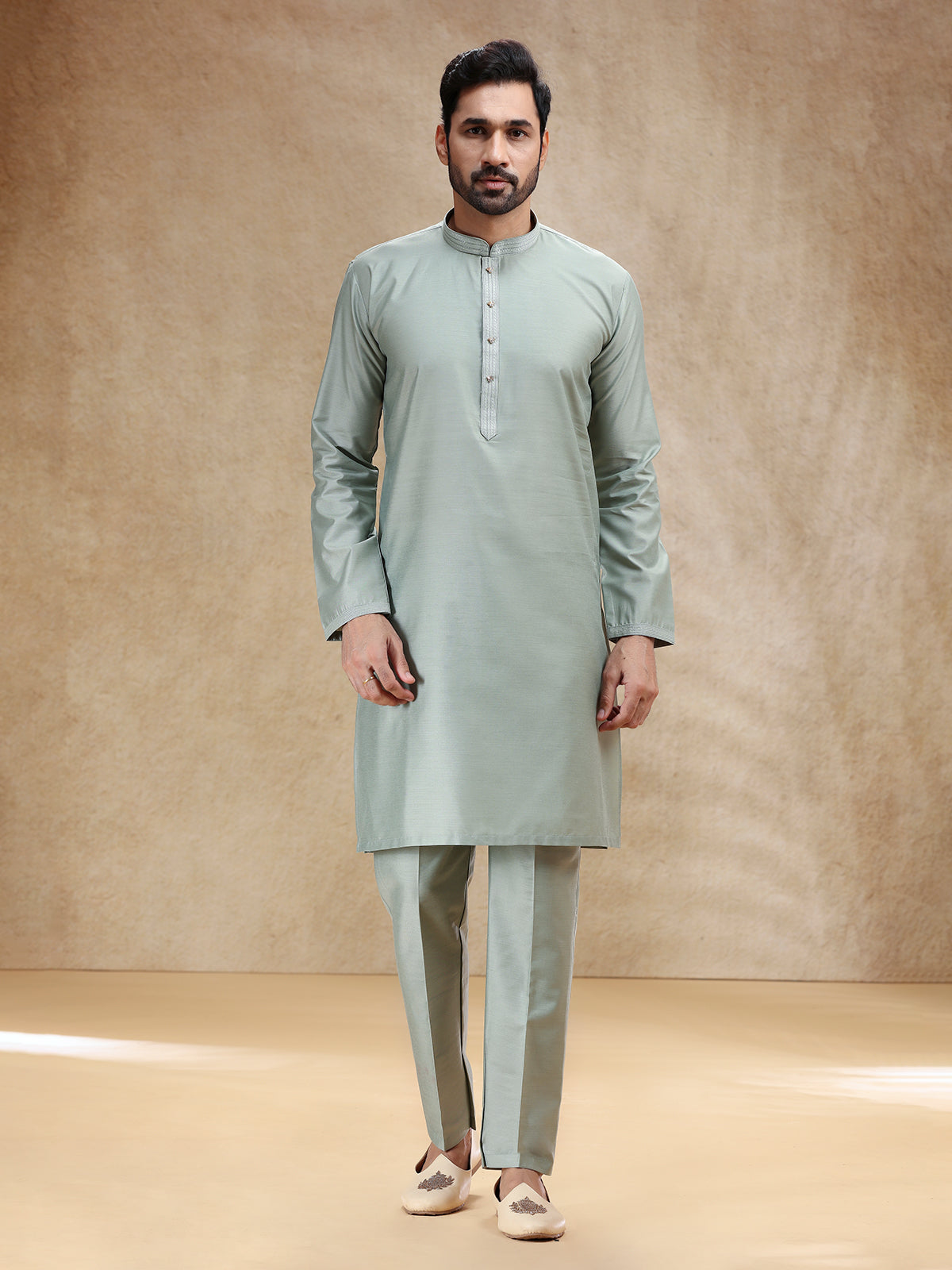 Pista green cotton silk plain kurta pajama