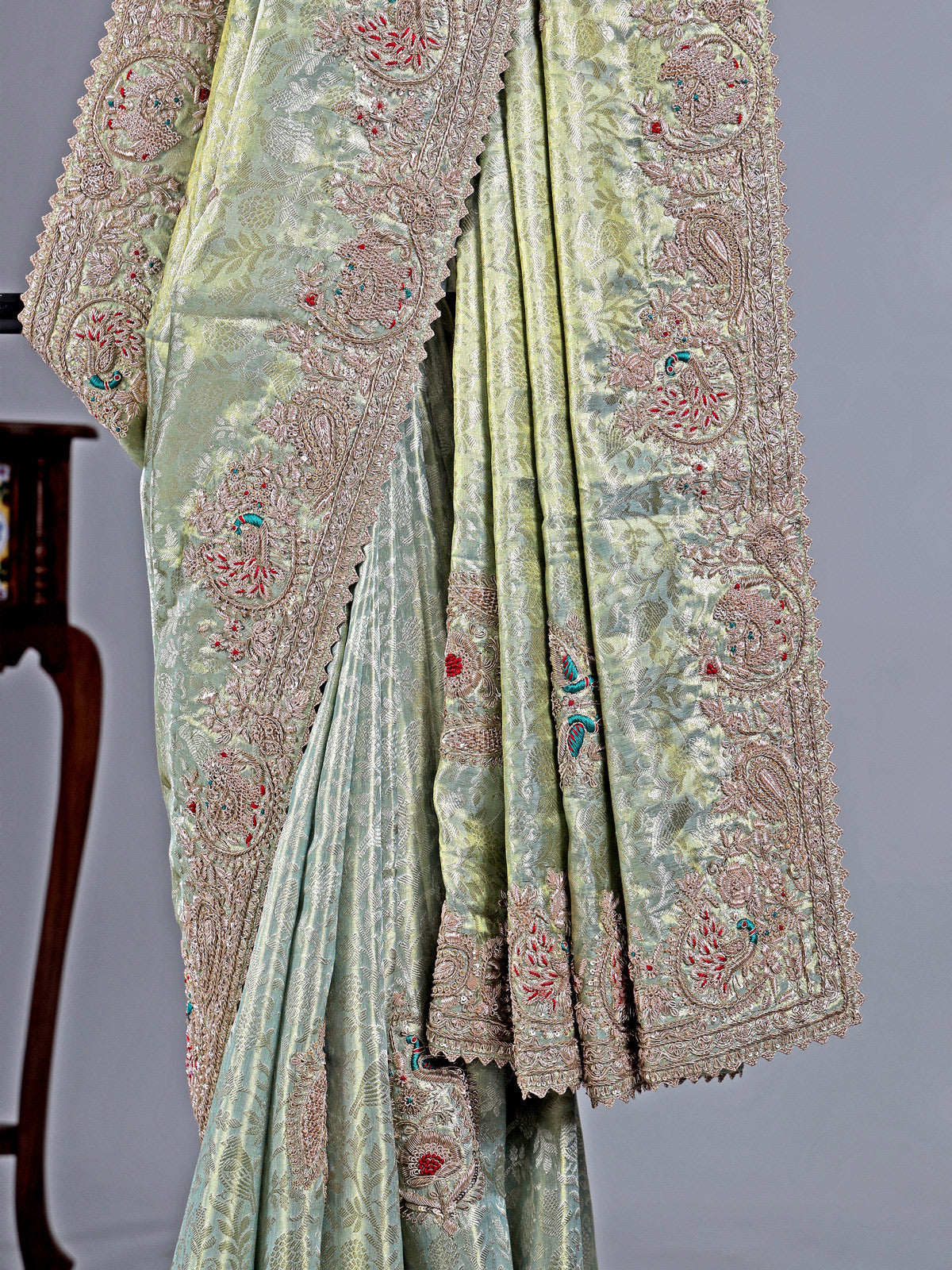 Pista green kanjivaram saree with grand embroidery