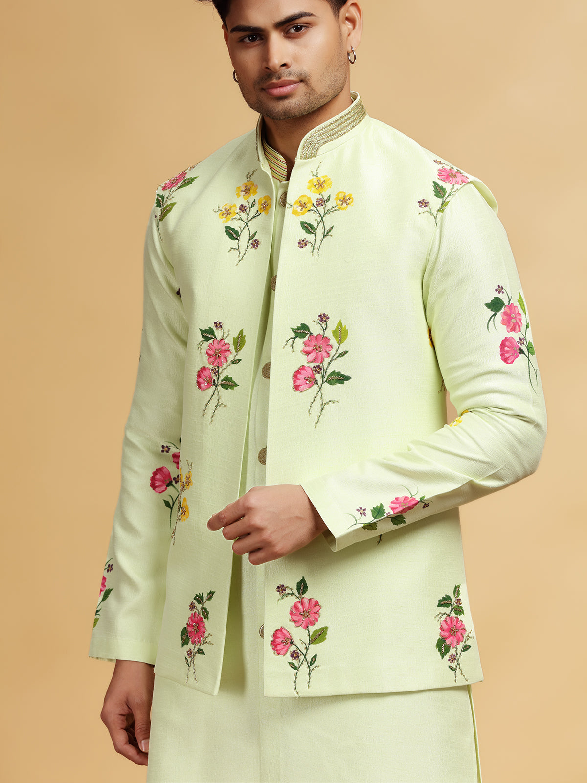 Pista hand printed silk waistcoat set with cutdana work