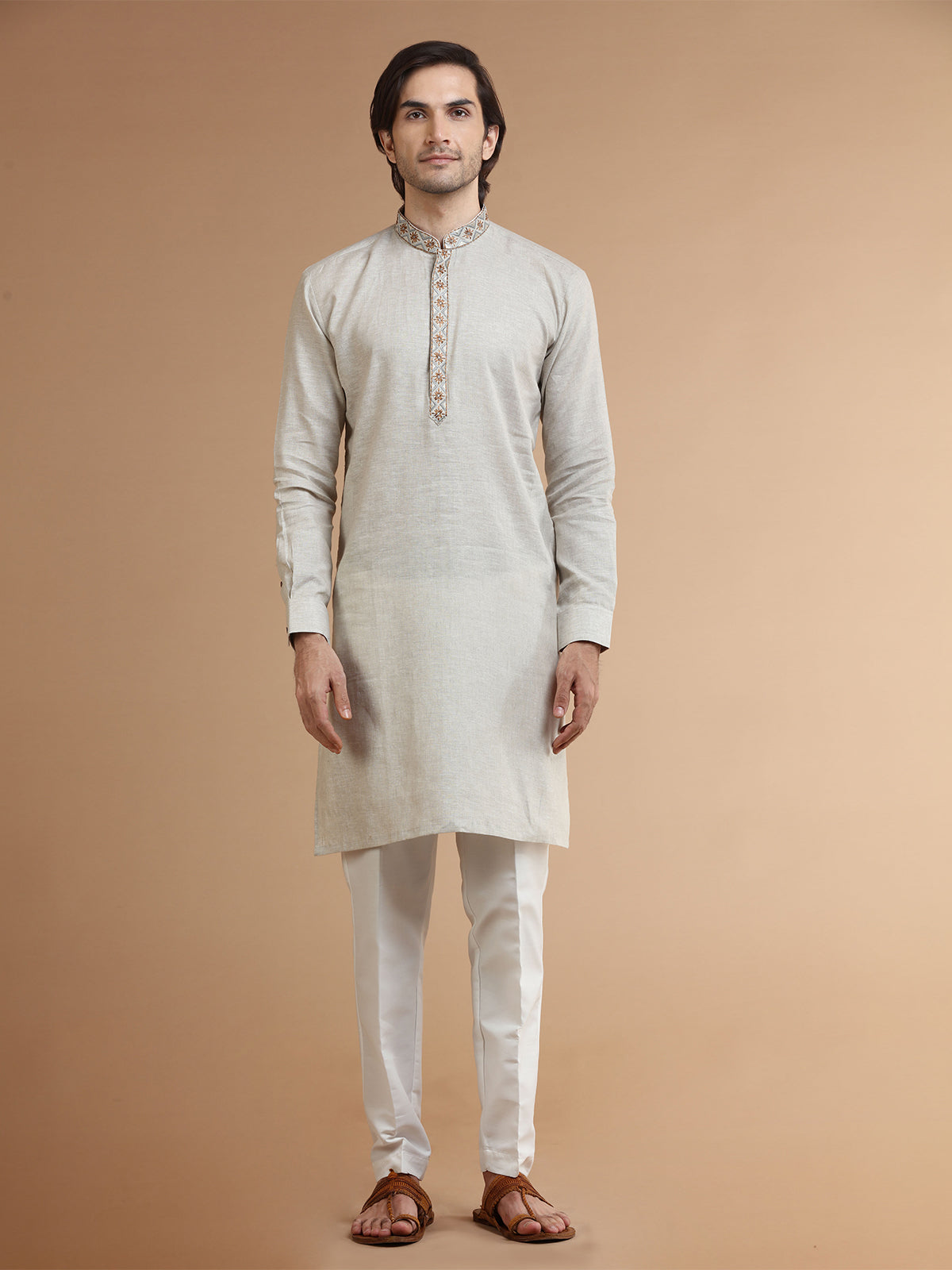 Plain linen beige kurta suit
