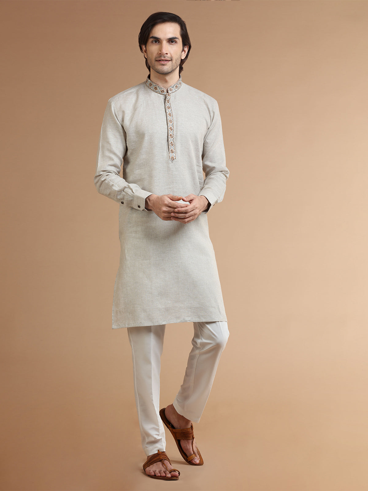 Plain linen beige kurta suit