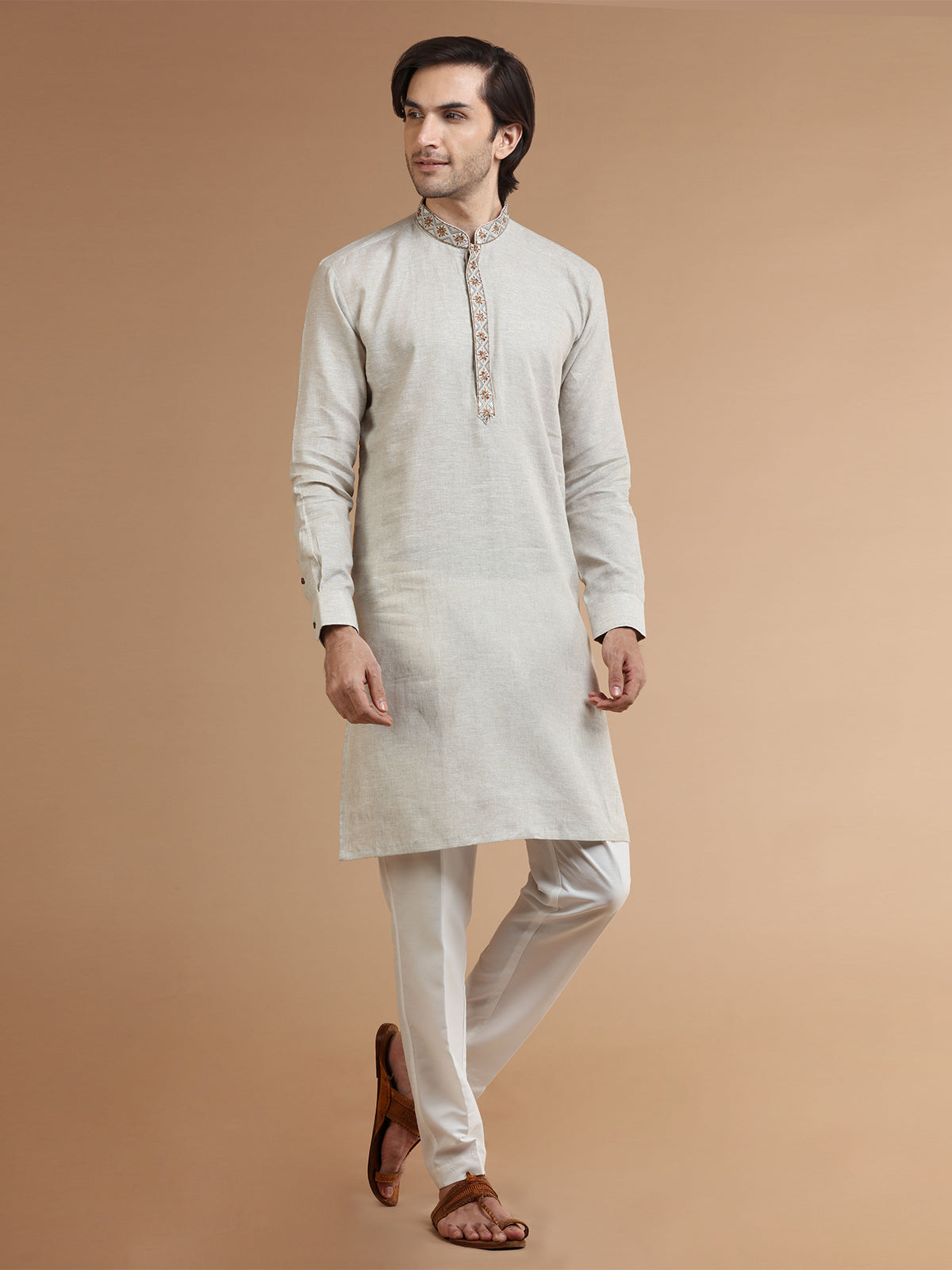 Plain linen beige kurta suit