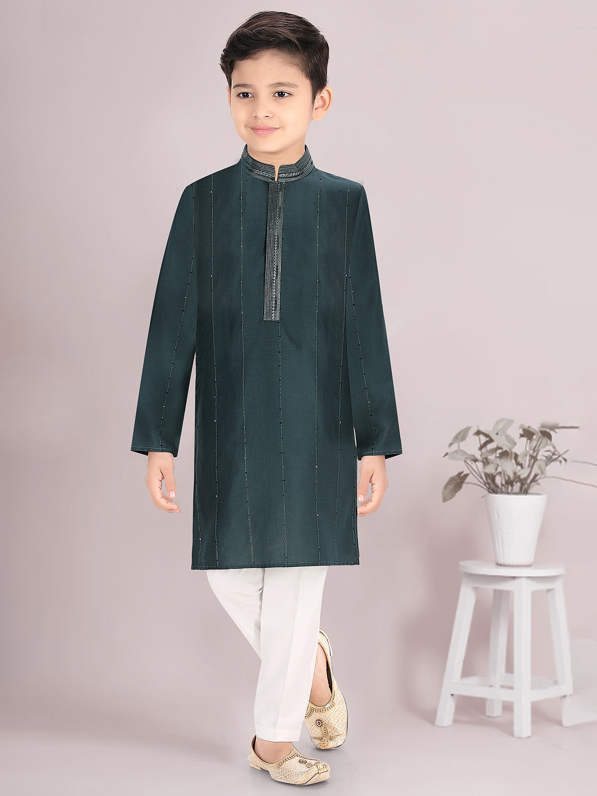 Printed rama green cotton silk kurta suit for boys