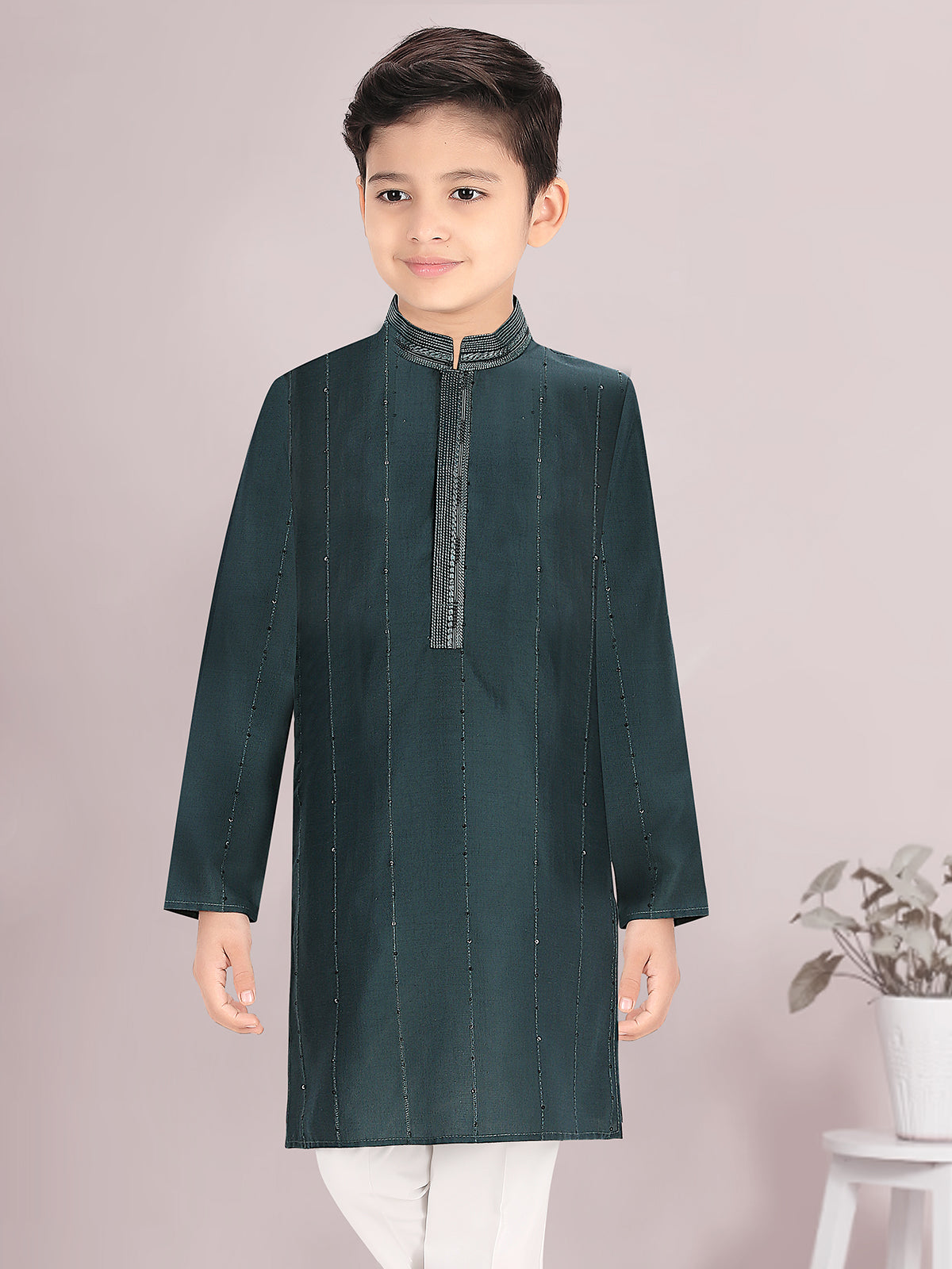 Printed rama green cotton silk kurta suit for boys