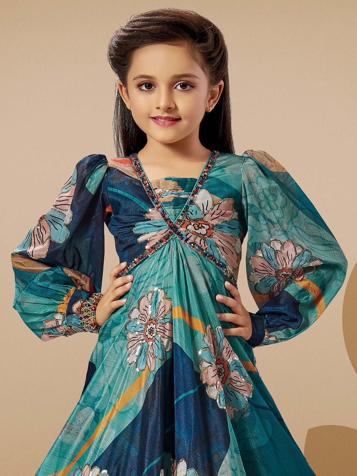 Printed rama green silk gown